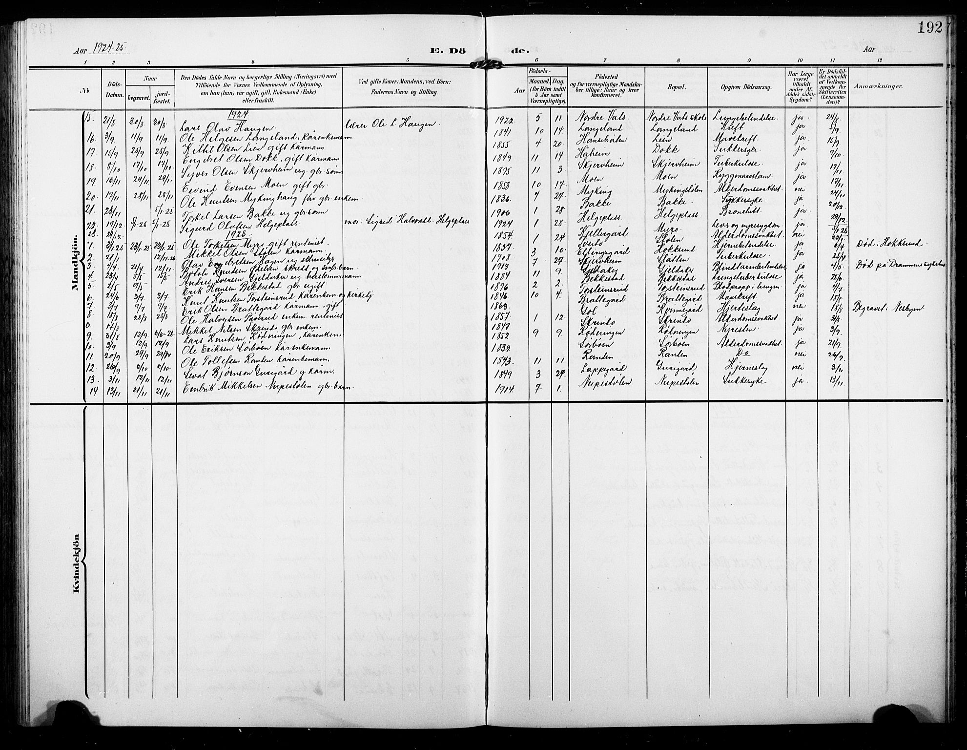 Ål kirkebøker, AV/SAKO-A-249/G/Ga/L0002: Klokkerbok nr. 2, 1904-1928, s. 192