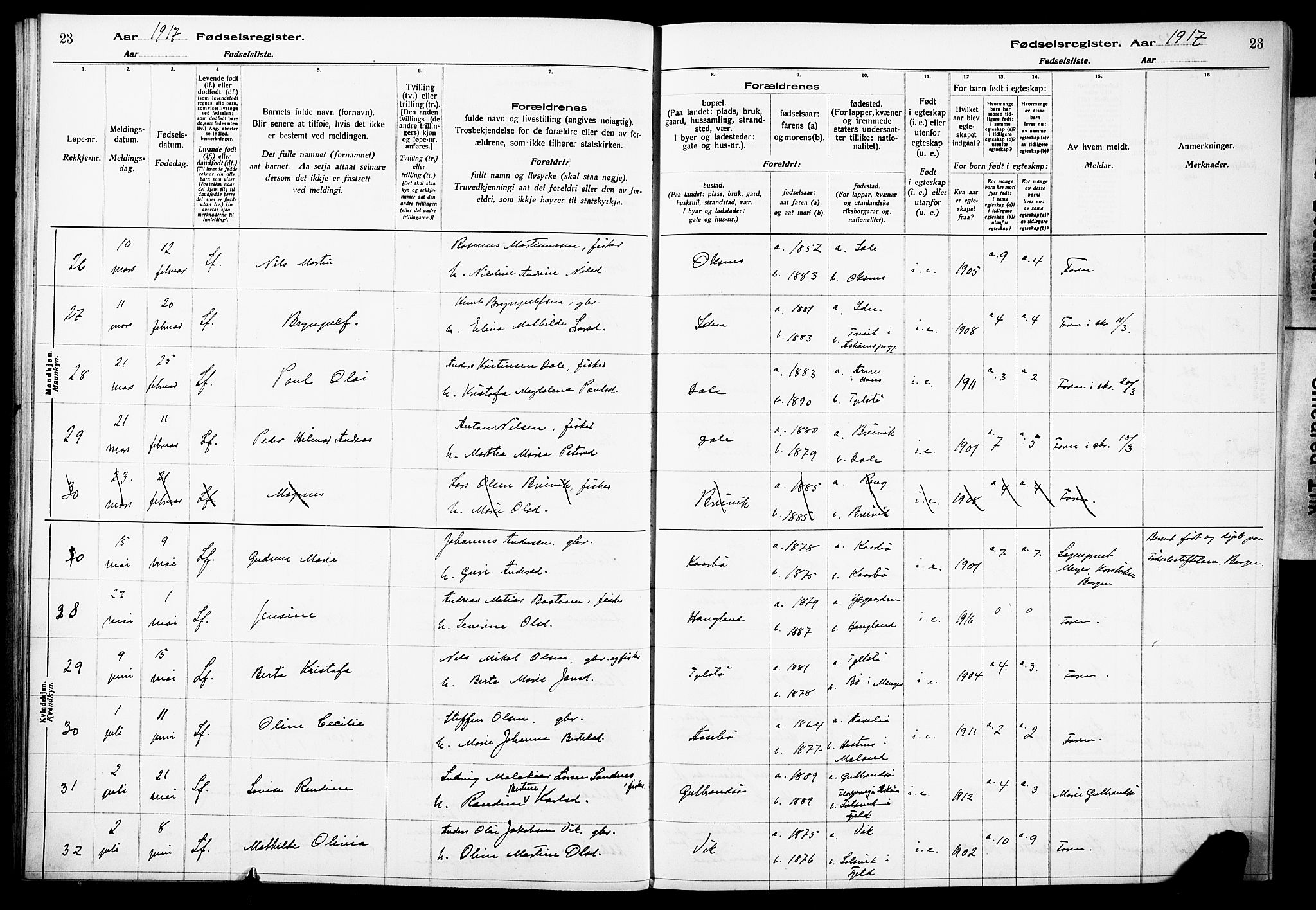 Herdla Sokneprestembete, AV/SAB-A-75701/I/Id/L00A1: Fødselsregister nr. A 1, 1916-1929, s. 23