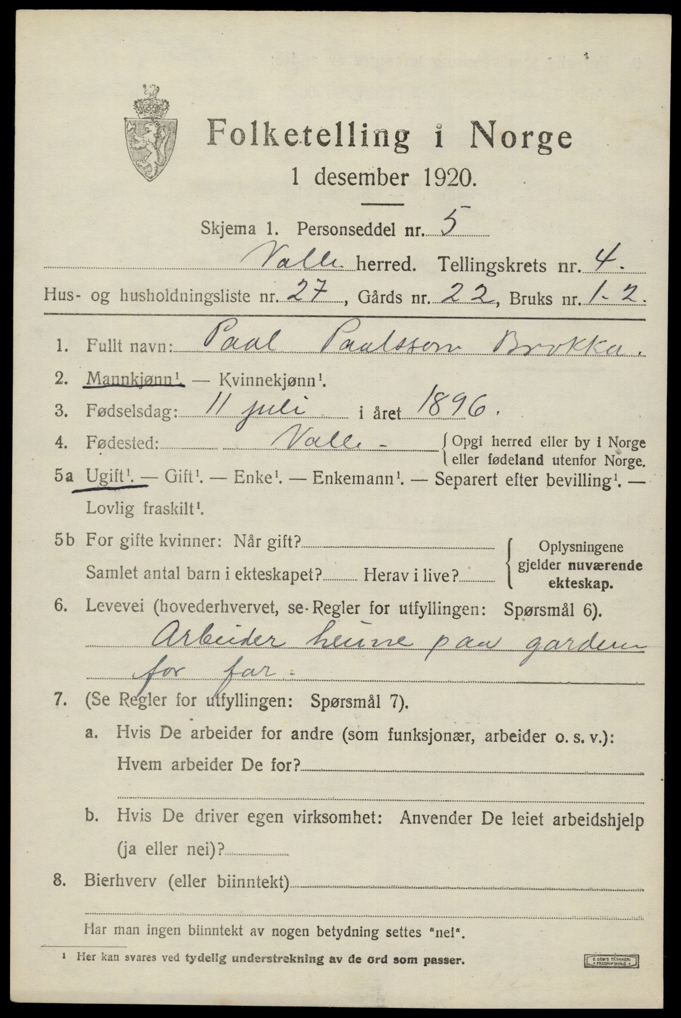 SAK, Folketelling 1920 for 0940 Valle herred, 1920, s. 2285