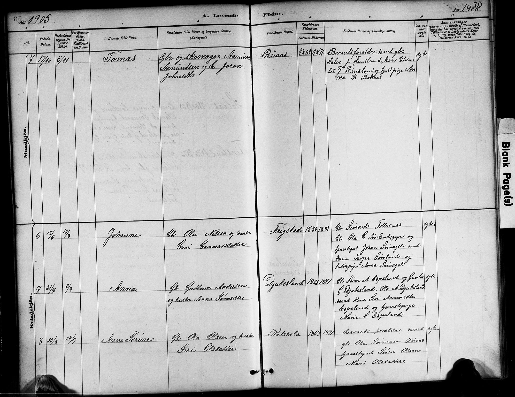 Bjelland sokneprestkontor, AV/SAK-1111-0005/F/Fb/Fbb/L0005: Klokkerbok nr. B 5, 1887-1918, s. 70