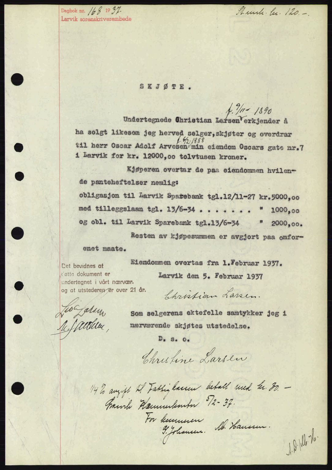 Larvik sorenskriveri, SAKO/A-83/G/Ga/Gab/L0067: Pantebok nr. A-1, 1936-1937, Dagboknr: 168/1937