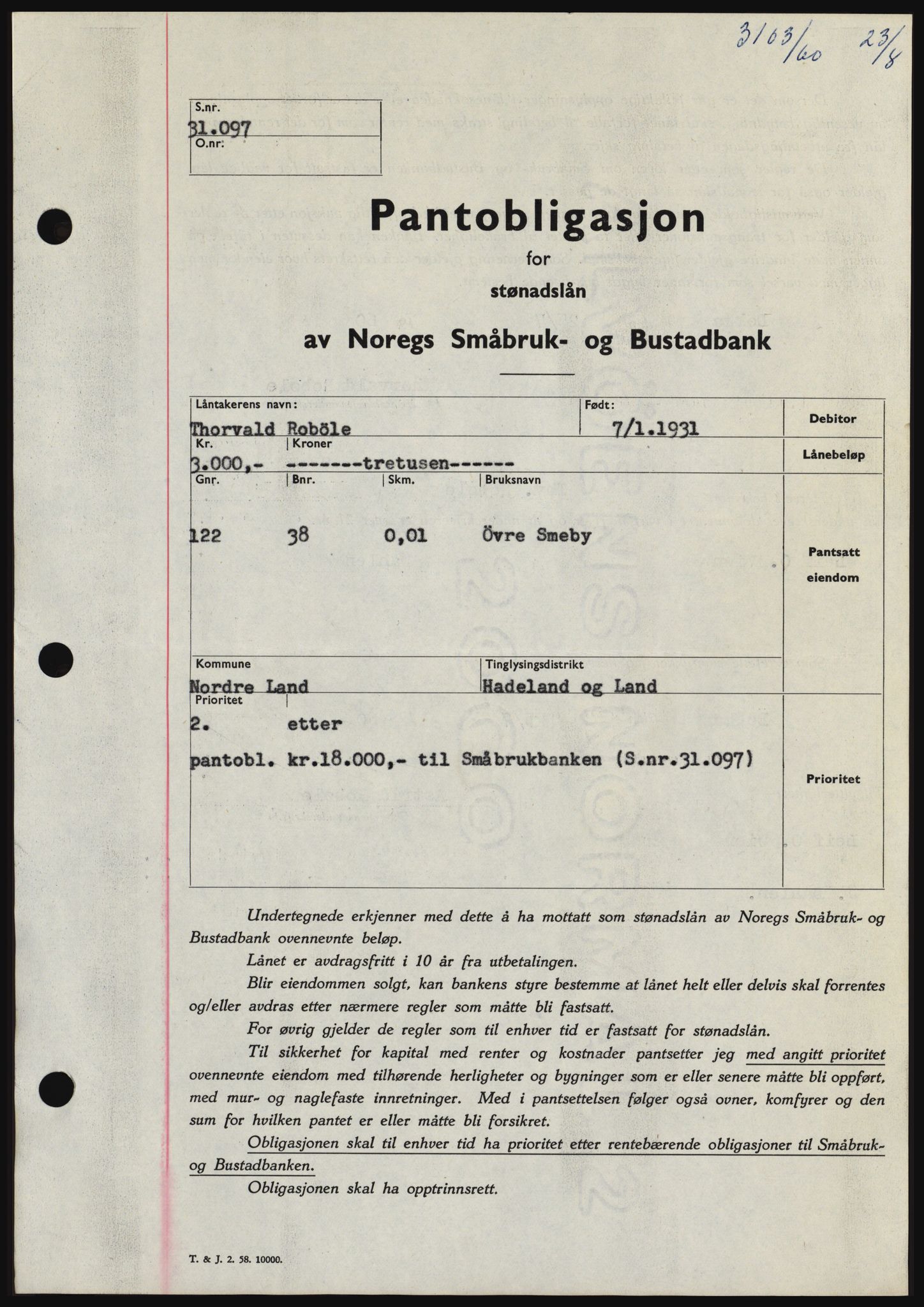 Hadeland og Land tingrett, SAH/TING-010/H/Hb/Hbc/L0043: Pantebok nr. B43, 1960-1960, Dagboknr: 3103/1960