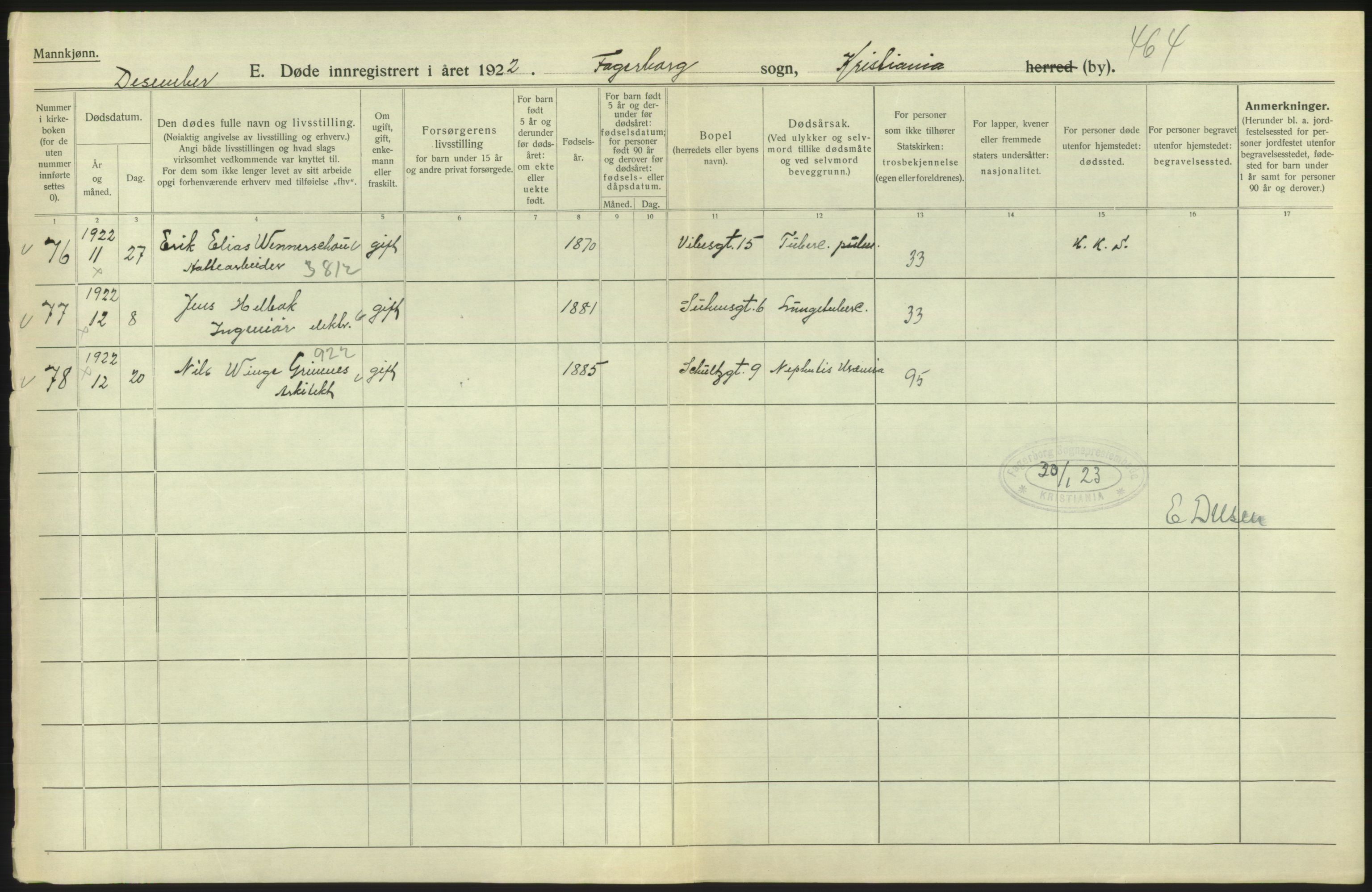 Statistisk sentralbyrå, Sosiodemografiske emner, Befolkning, AV/RA-S-2228/D/Df/Dfc/Dfcb/L0009: Kristiania: Døde, 1922, s. 378