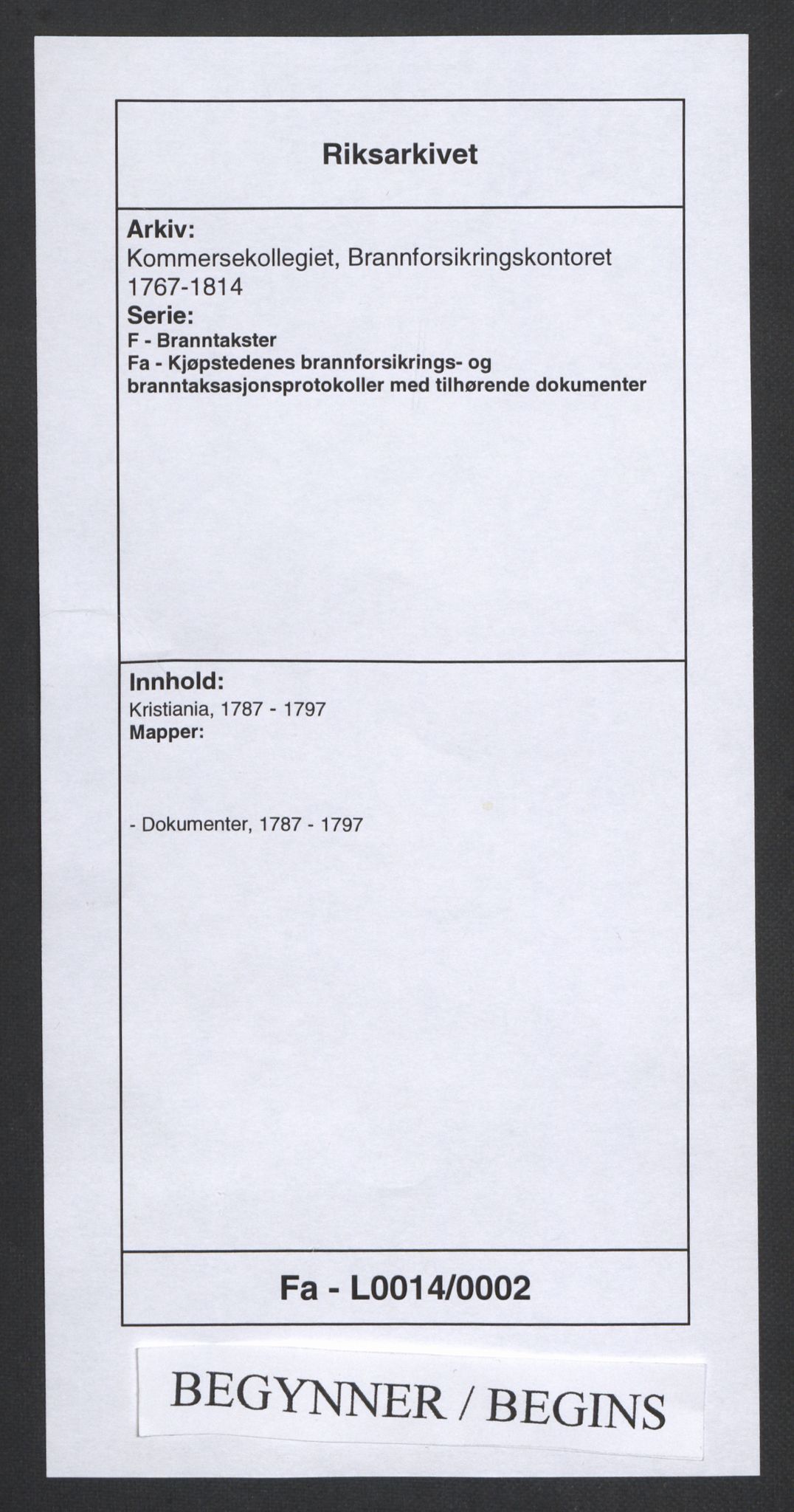 Kommersekollegiet, Brannforsikringskontoret 1767-1814, RA/EA-5458/F/Fa/L0014/0002: Kristiania / Dokumenter, 1787-1797