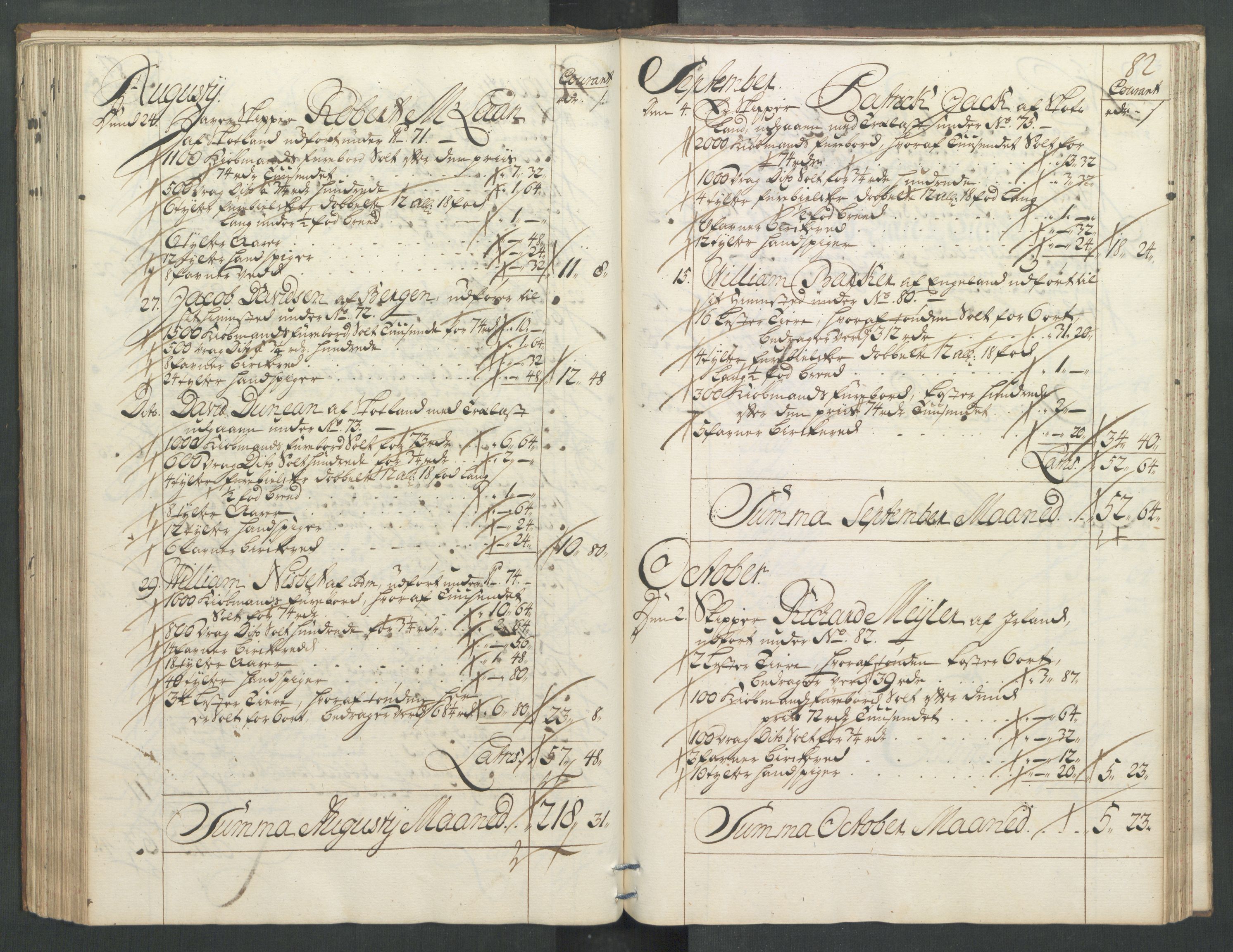 Generaltollkammeret, tollregnskaper, RA/EA-5490/R32/L0004/0001: Tollregnskaper Kristiansund / Hovedtollbok, 1731, s. 81b-82a