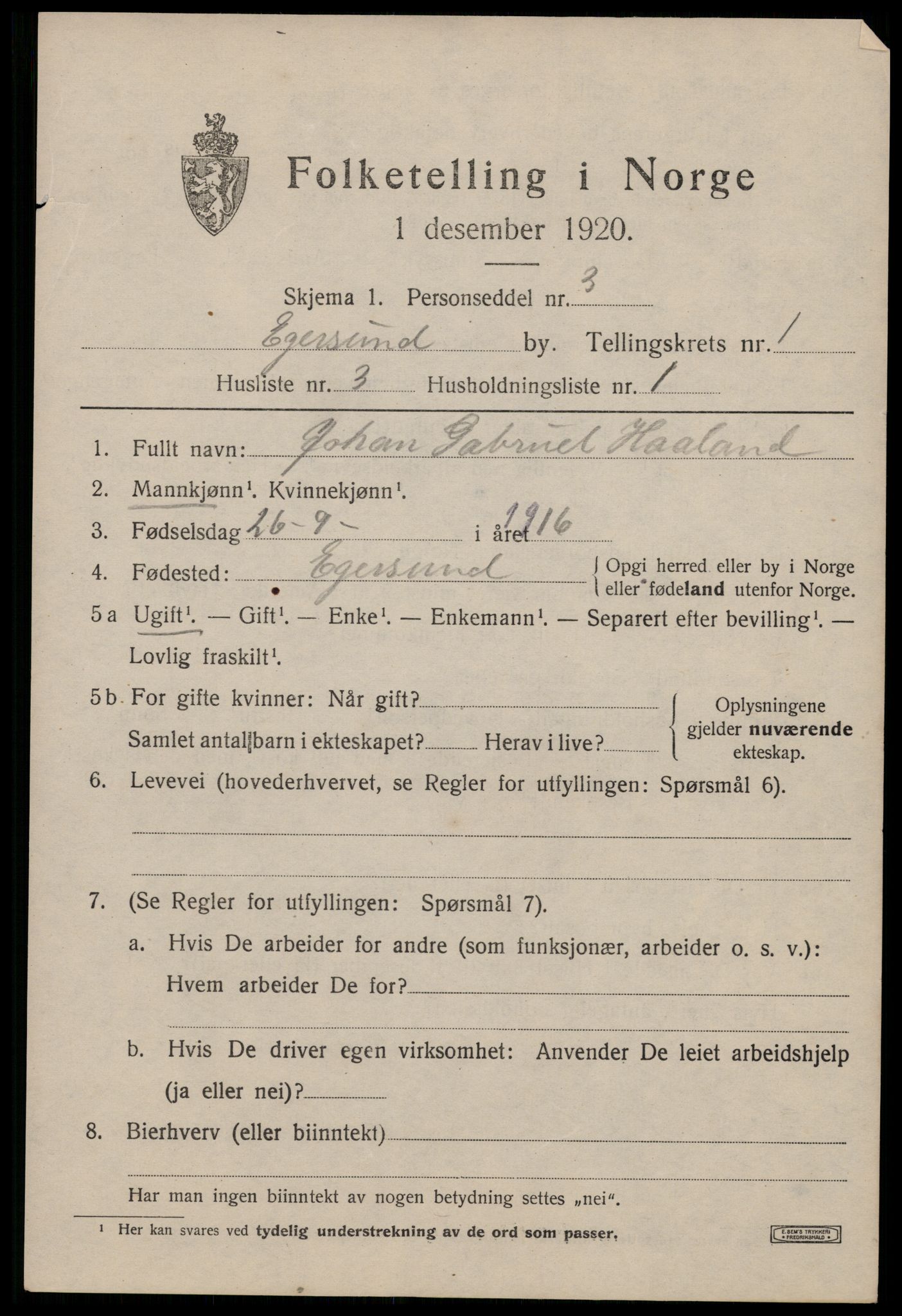 SAST, Folketelling 1920 for 1101 Egersund ladested, 1920, s. 2772