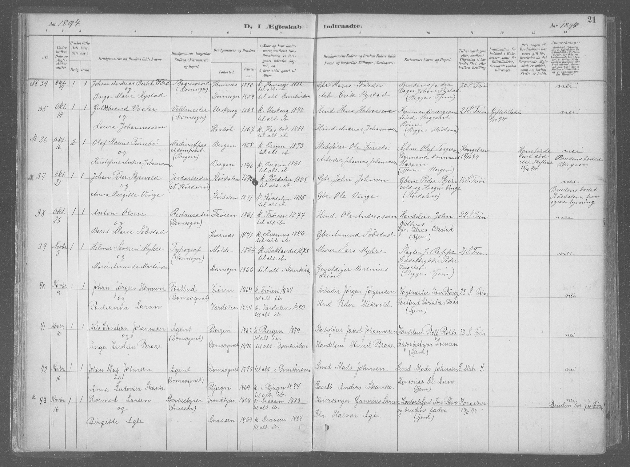 Ministerialprotokoller, klokkerbøker og fødselsregistre - Sør-Trøndelag, SAT/A-1456/601/L0064: Ministerialbok nr. 601A31, 1891-1911, s. 21