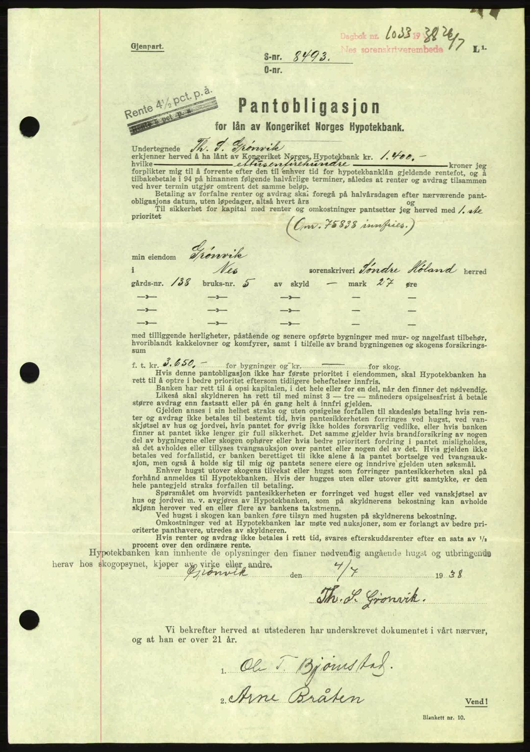 Nes tingrett, AV/SAO-A-10548/G/Gb/Gbb/L0006: Pantebok nr. 50, 1938-1938, Dagboknr: 1033/1938