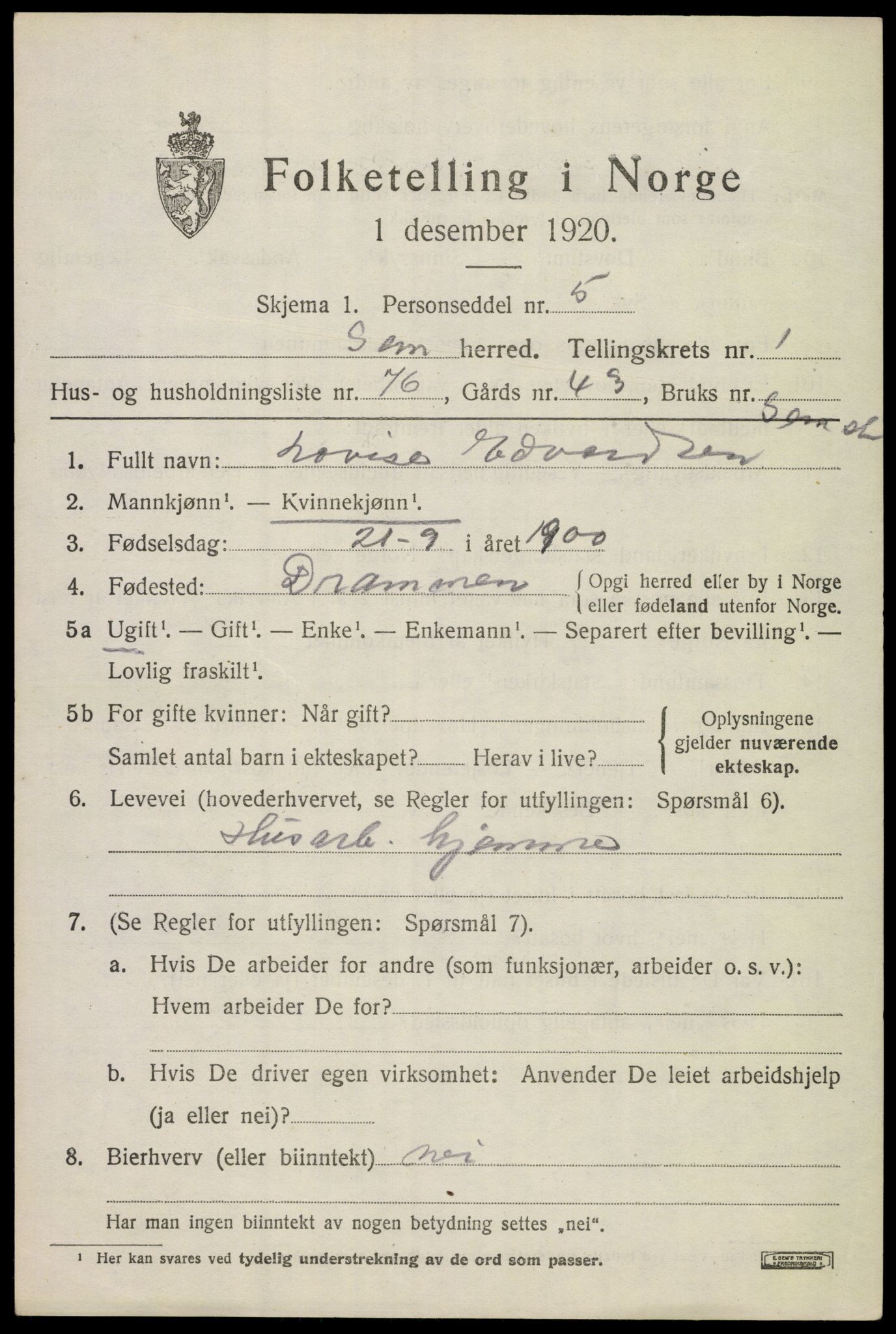 SAKO, Folketelling 1920 for 0721 Sem herred, 1920, s. 3605