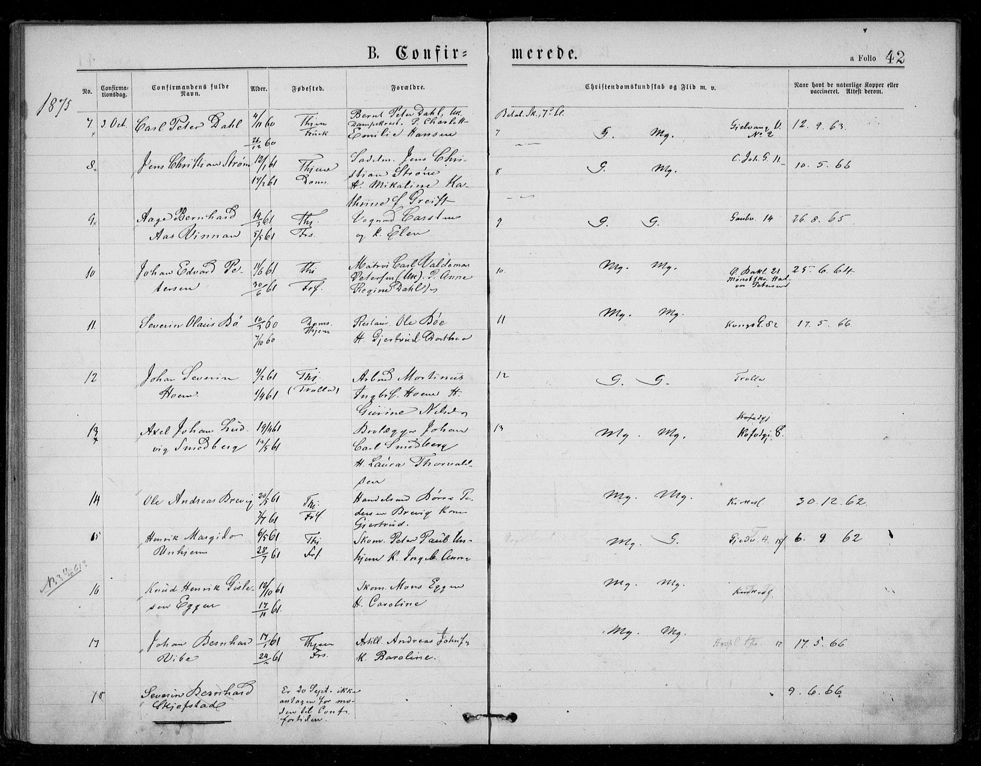 Ministerialprotokoller, klokkerbøker og fødselsregistre - Sør-Trøndelag, SAT/A-1456/602/L0121: Ministerialbok nr. 602A19, 1872-1879, s. 42