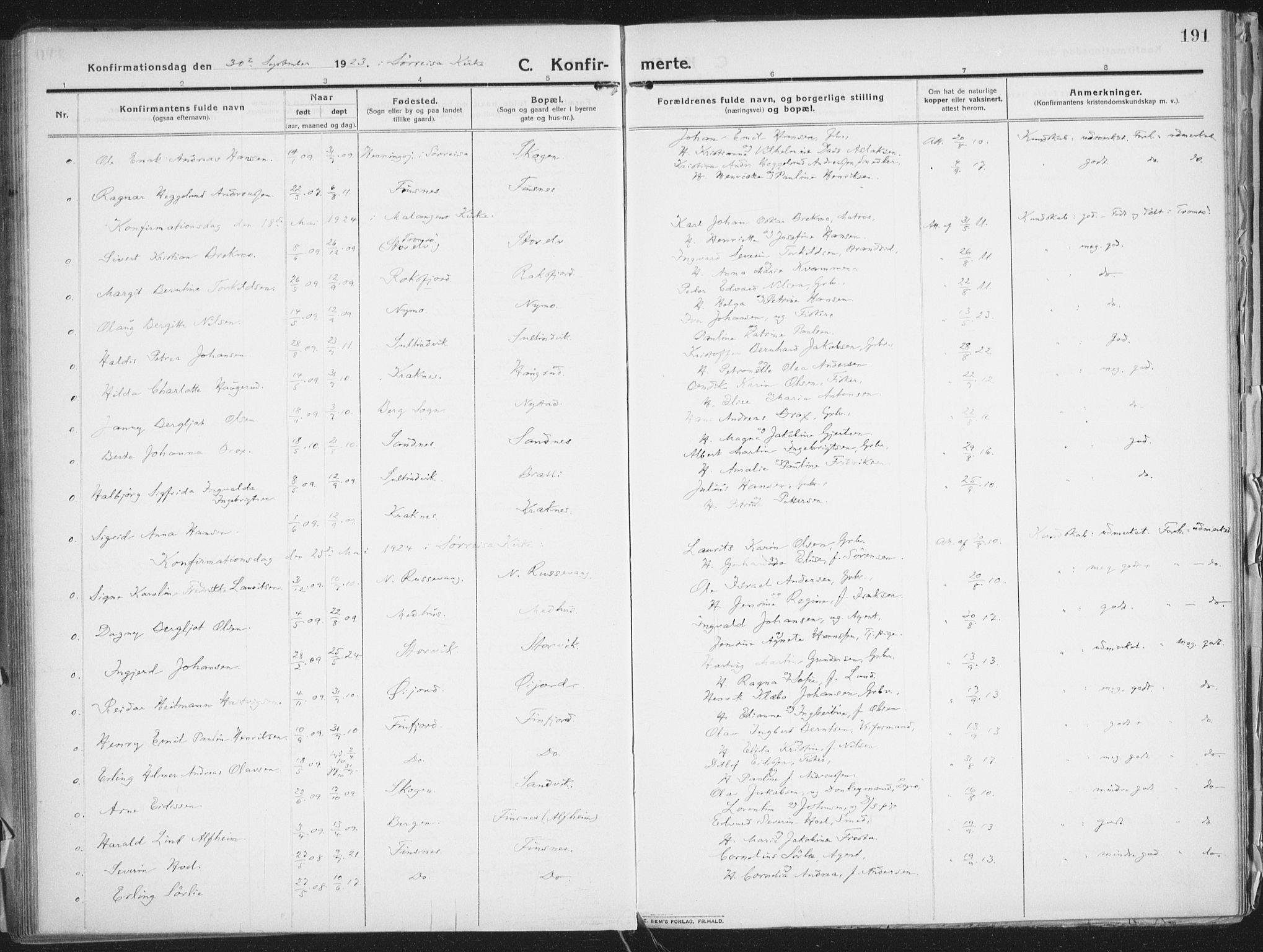 Lenvik sokneprestembete, AV/SATØ-S-1310/H/Ha/Haa/L0016kirke: Ministerialbok nr. 16, 1910-1924, s. 191