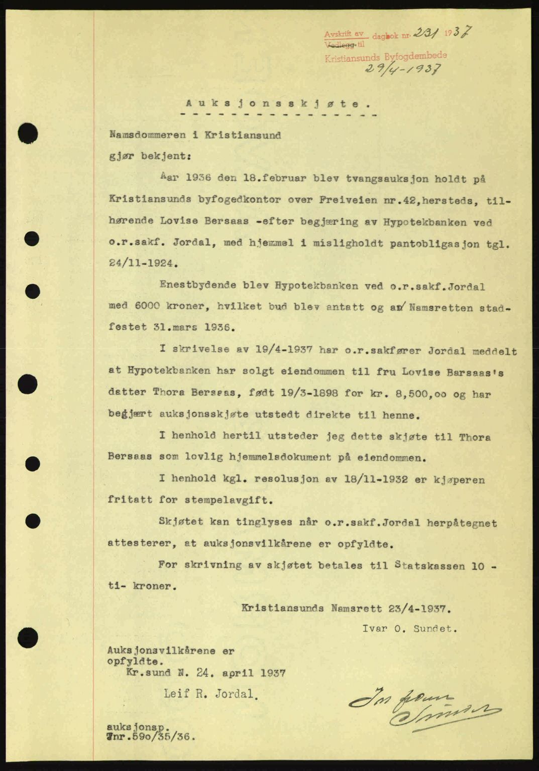 Kristiansund byfogd, AV/SAT-A-4587/A/27: Pantebok nr. 30, 1936-1941, Dagboknr: 231/1937
