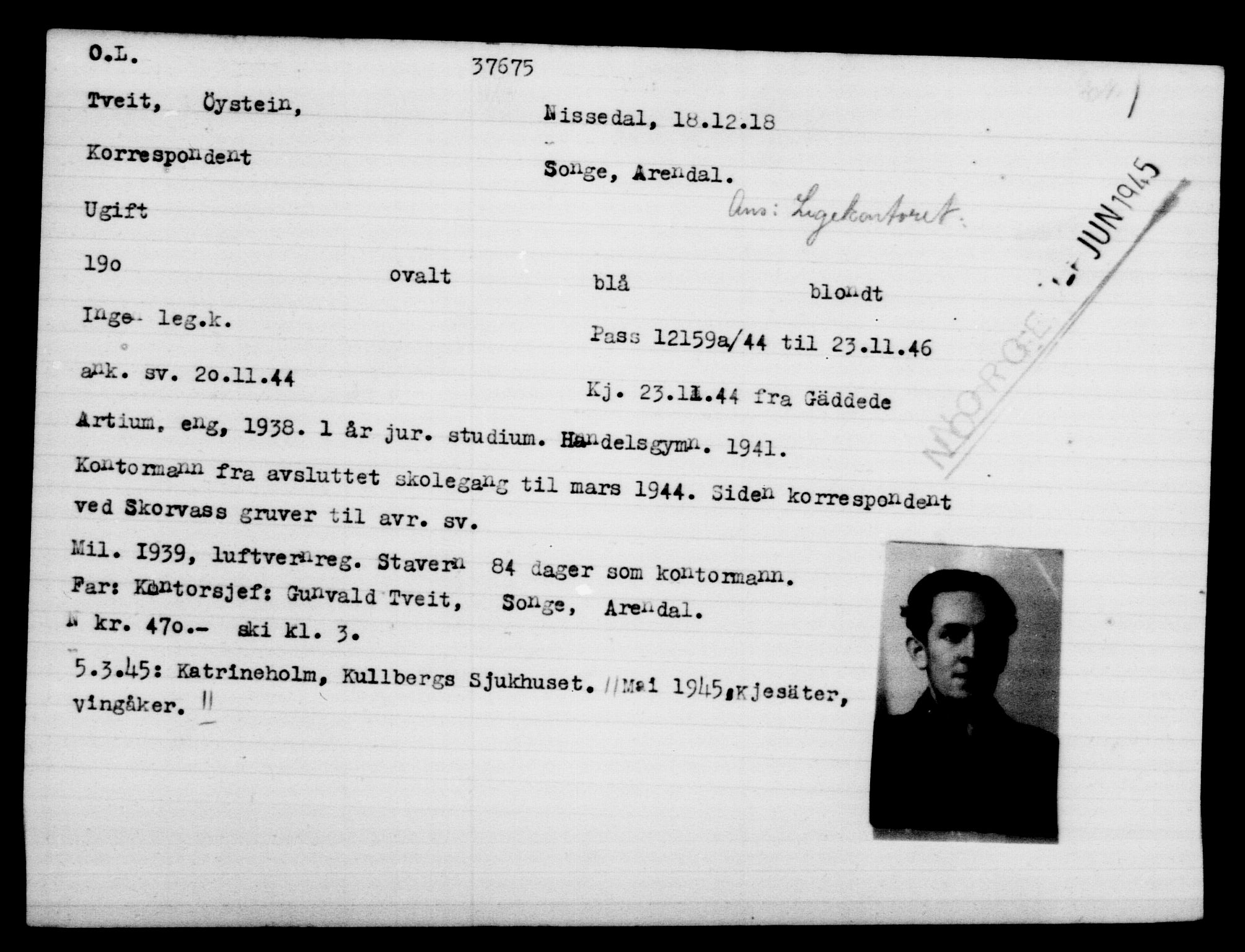 Utenriksstasjonene, Legasjonen i Stockholm, Flyktningkontoret, AV/RA-S-6753/V/Va/L0014: Kjesäterkartoteket, flyktninger med registreringsnr. 34700-37855, 1940-1945, s. 3133