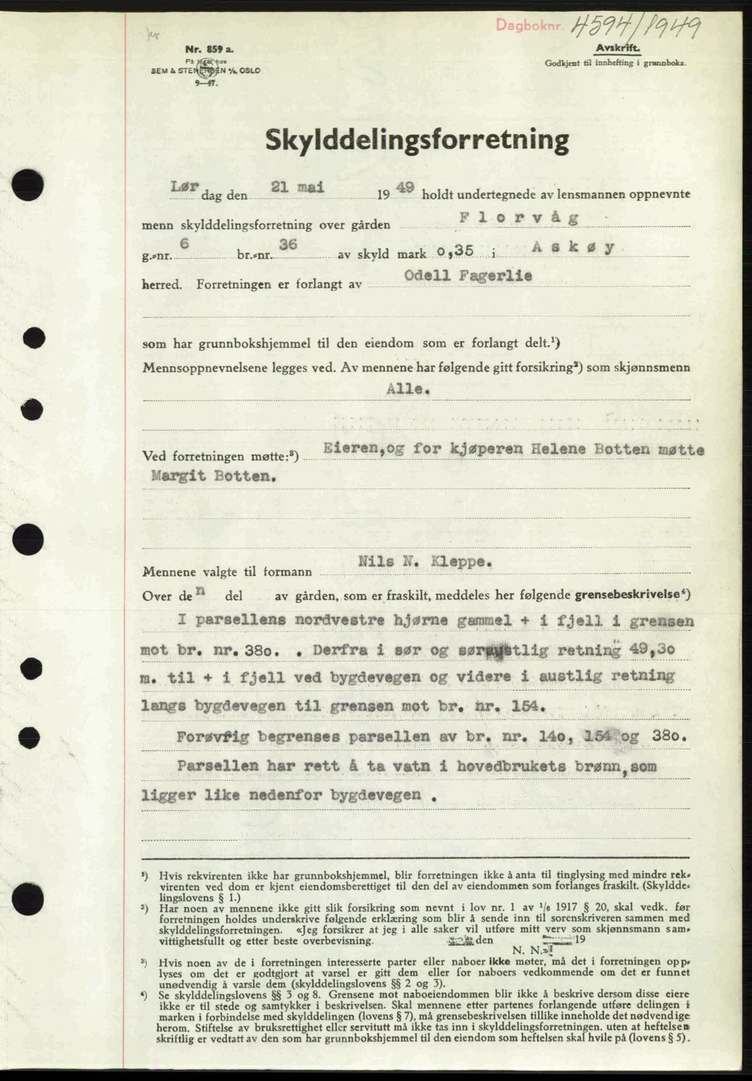 Midhordland sorenskriveri, SAB/A-3001/1/G/Gb/Gbh/L0032: Pantebok nr. A62-63, 1949-1949, Dagboknr: 4594/1949