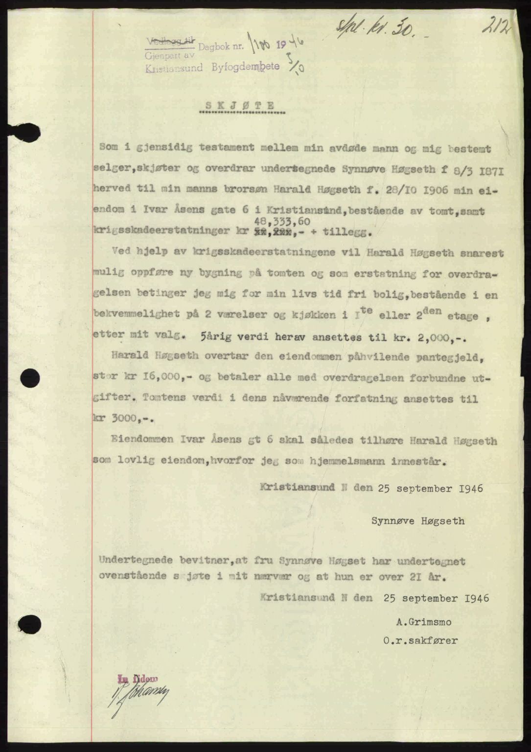 Kristiansund byfogd, AV/SAT-A-4587/A/27: Pantebok nr. 39b, 1946-1947, Dagboknr: 1100/1946