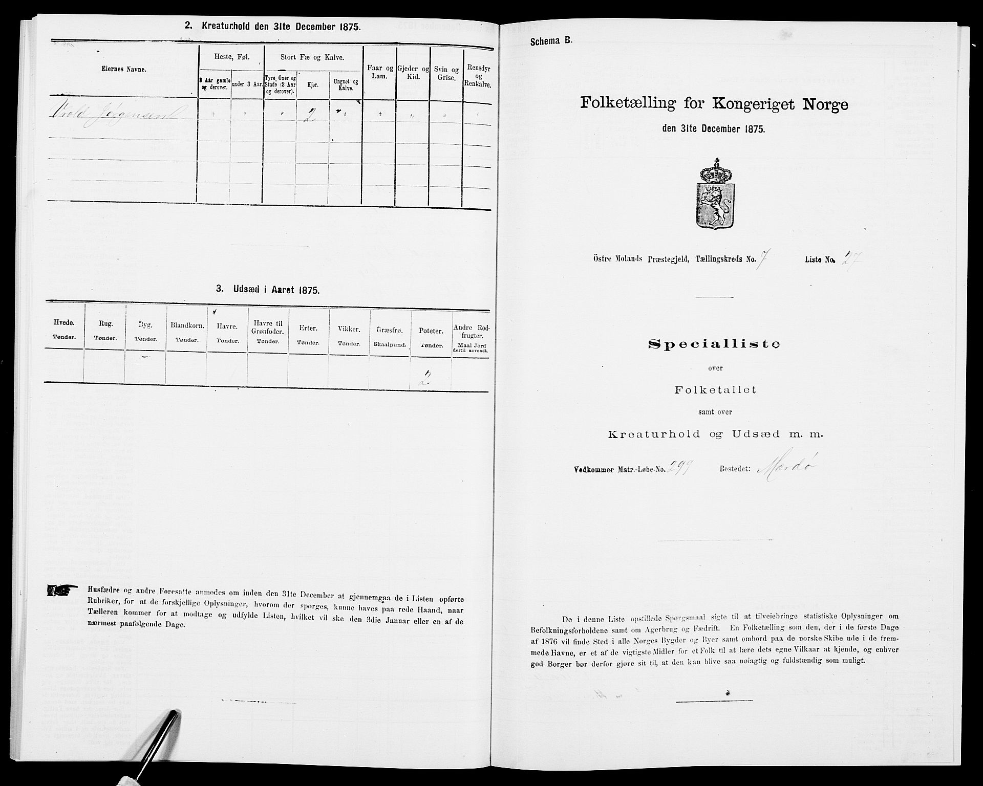 SAK, Folketelling 1875 for 0918P Austre Moland prestegjeld, 1875, s. 2313