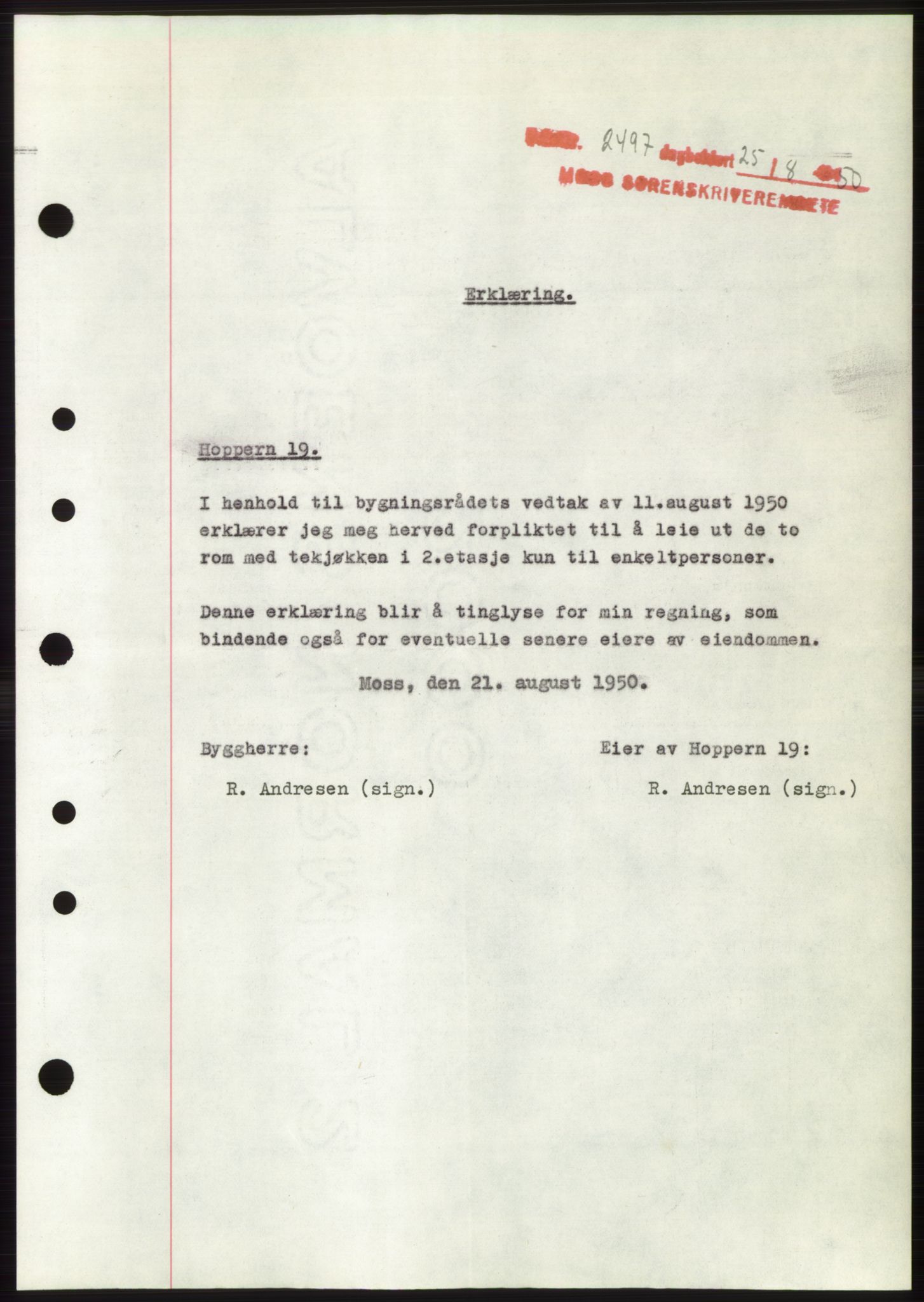 Moss sorenskriveri, SAO/A-10168: Pantebok nr. B25, 1950-1950, Dagboknr: 2497/1950