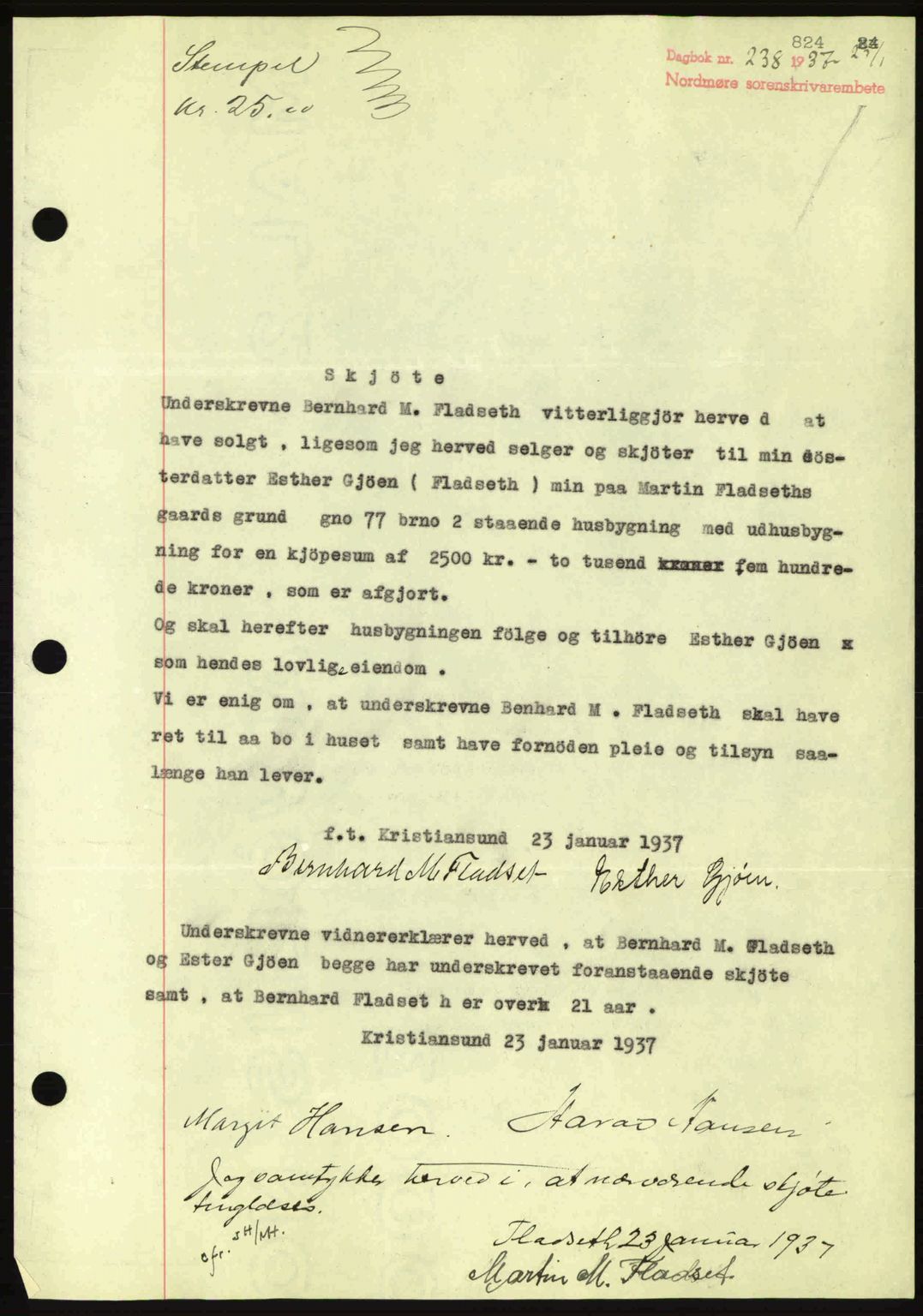 Nordmøre sorenskriveri, SAT/A-4132/1/2/2Ca: Pantebok nr. A80, 1936-1937, Dagboknr: 238/1937
