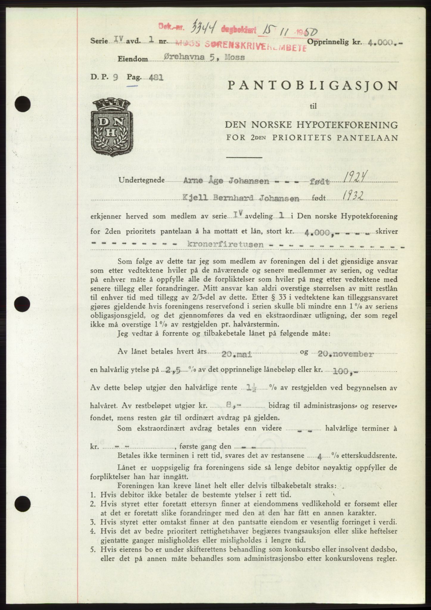 Moss sorenskriveri, SAO/A-10168: Pantebok nr. B25, 1950-1950, Dagboknr: 3344/1950