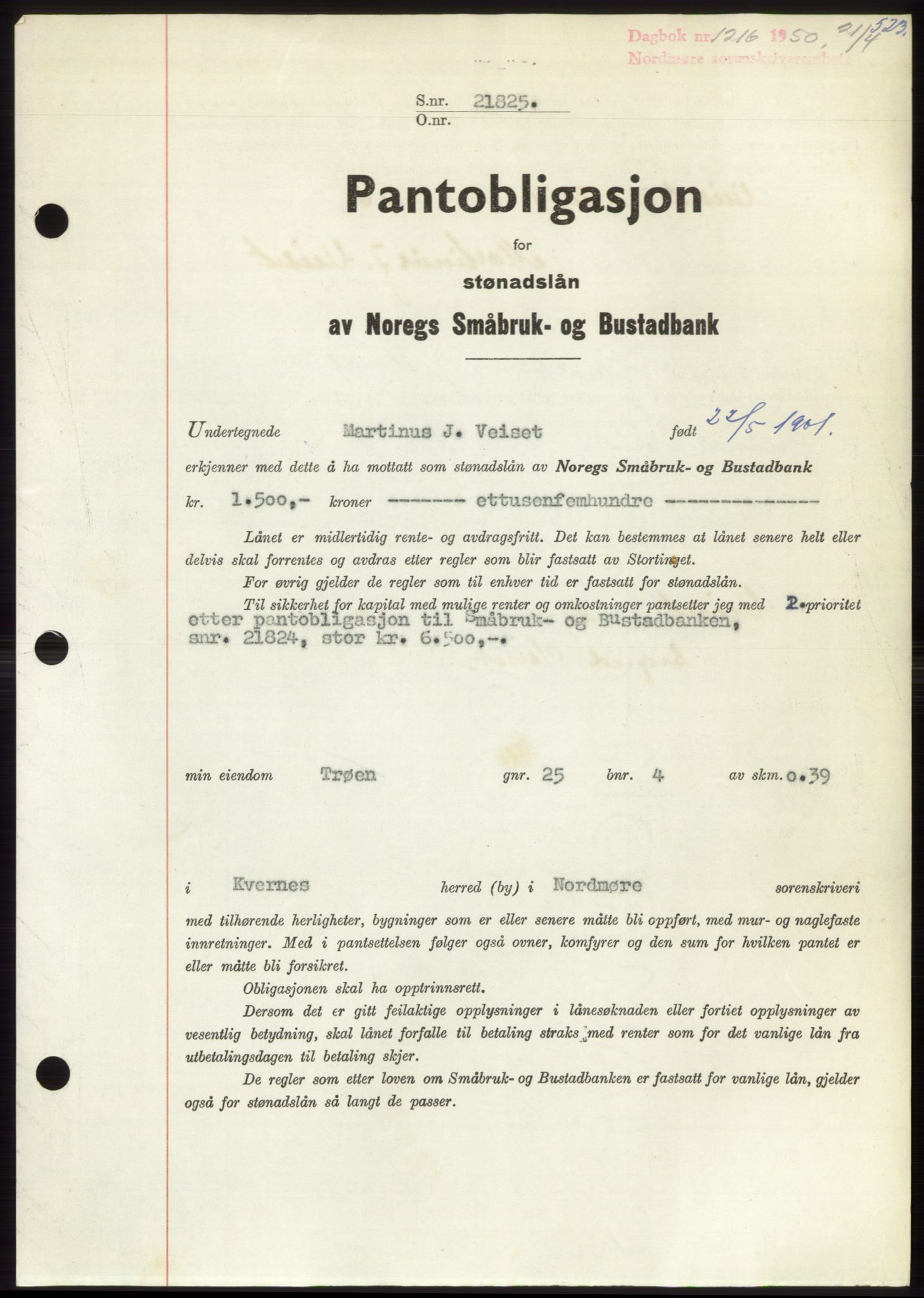 Nordmøre sorenskriveri, SAT/A-4132/1/2/2Ca: Pantebok nr. B104, 1950-1950, Dagboknr: 1216/1950