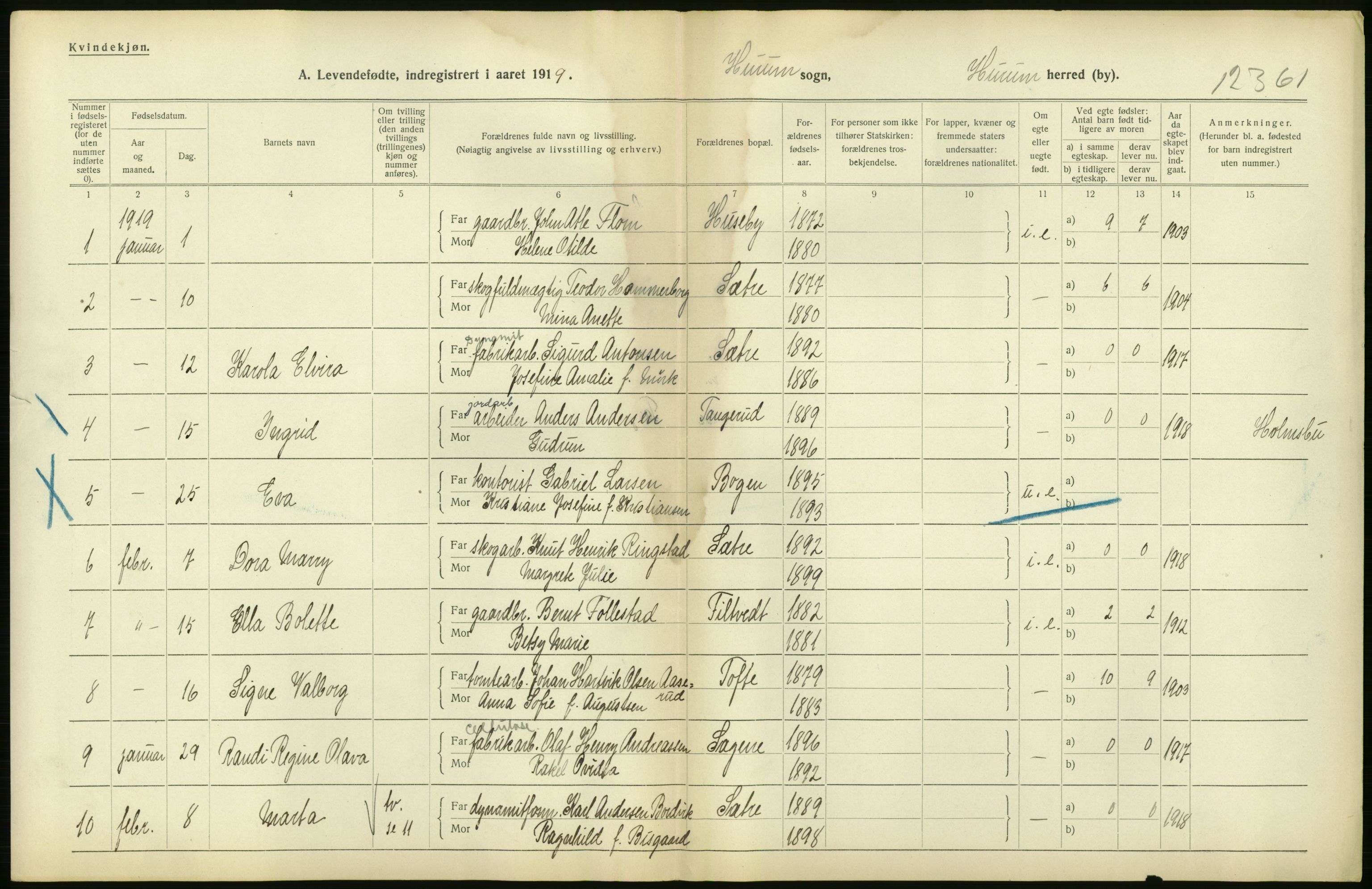 Statistisk sentralbyrå, Sosiodemografiske emner, Befolkning, RA/S-2228/D/Df/Dfb/Dfbi/L0016: Buskerud fylke: Levendefødte menn og kvinner. Bygder., 1919, s. 22