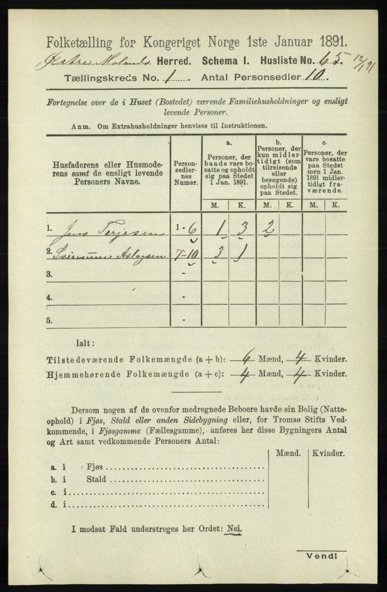 RA, Folketelling 1891 for 0918 Austre Moland herred, 1891, s. 85