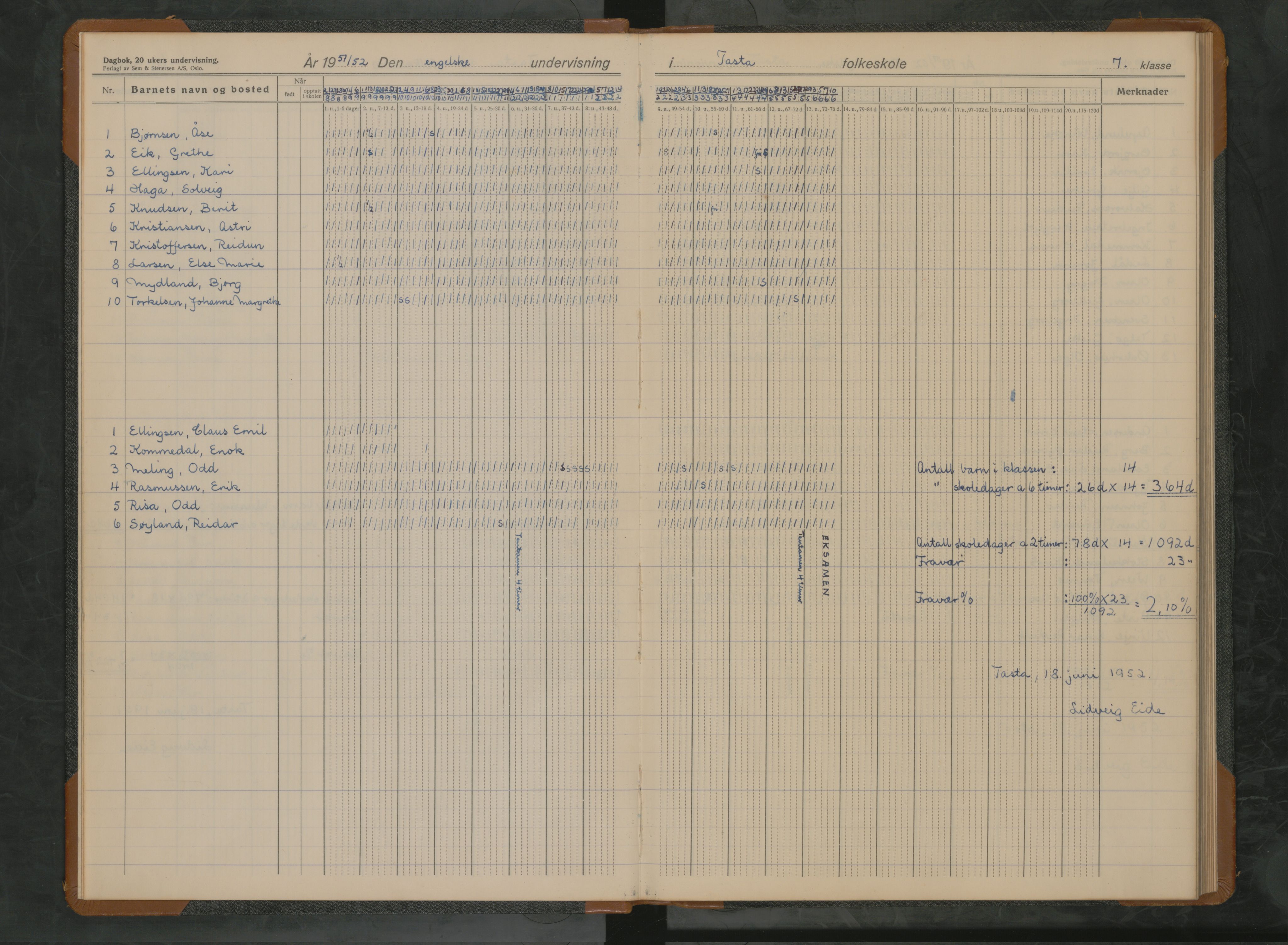 Hetland kommune. Tasta skole, BYST/A-0146/G/Ga/L0014: Dagbok, 1950-1959