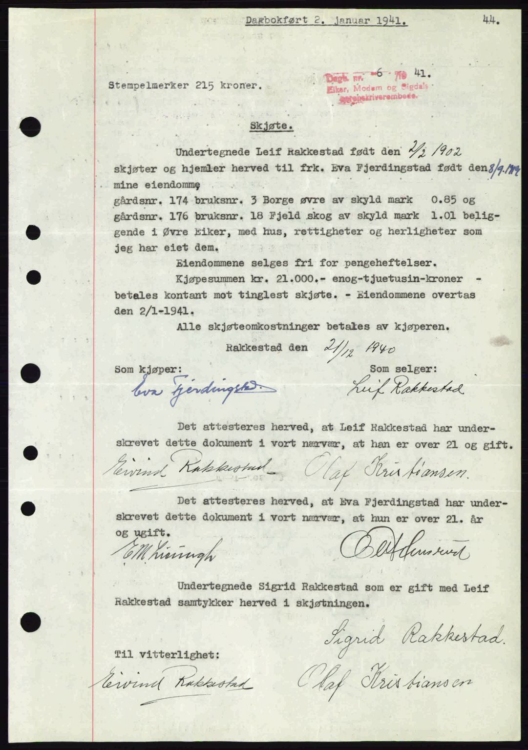 Eiker, Modum og Sigdal sorenskriveri, SAKO/A-123/G/Ga/Gab/L0043: Pantebok nr. A13, 1940-1941, Dagboknr: 6/1941