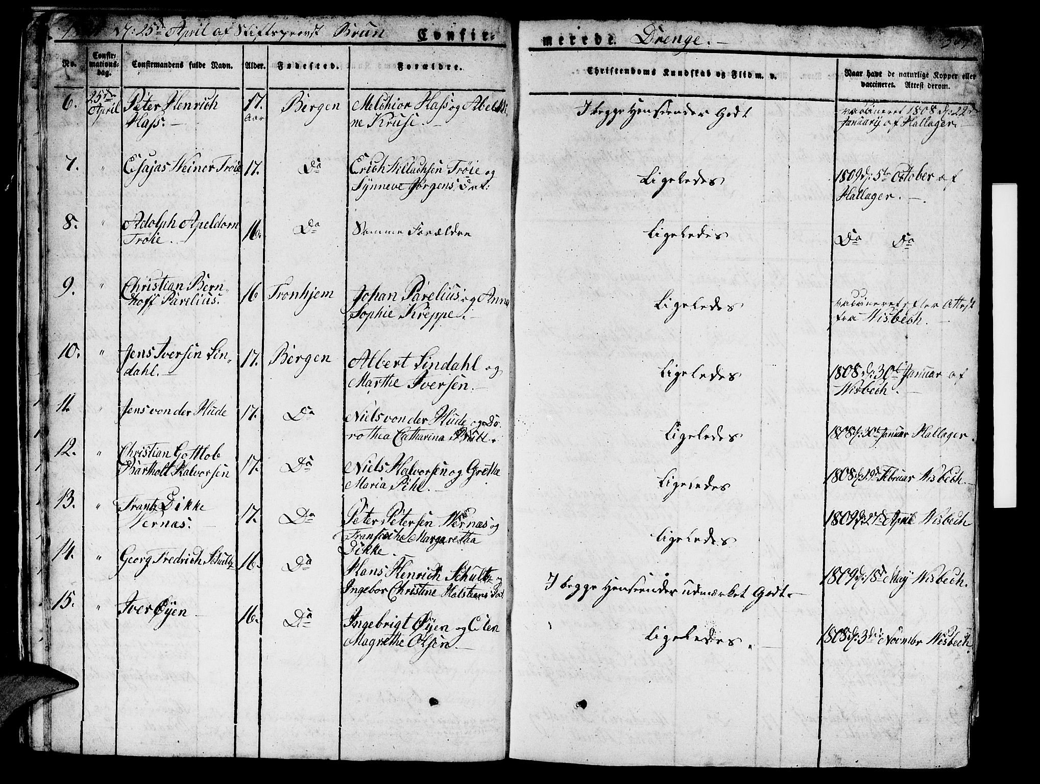 Domkirken sokneprestembete, AV/SAB-A-74801/H/Hab/L0002: Klokkerbok nr. A 2, 1821-1839, s. 305
