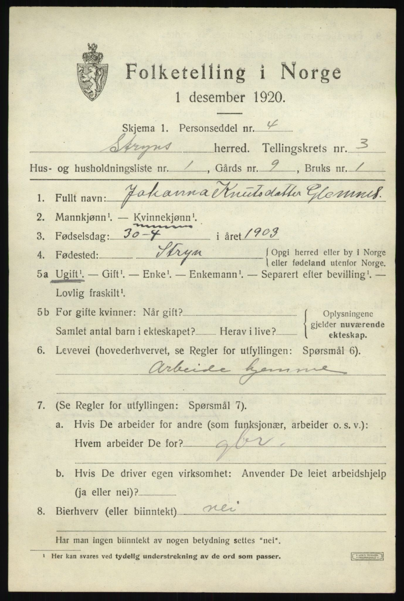 SAB, Folketelling 1920 for 1448 Stryn herred, 1920, s. 1304