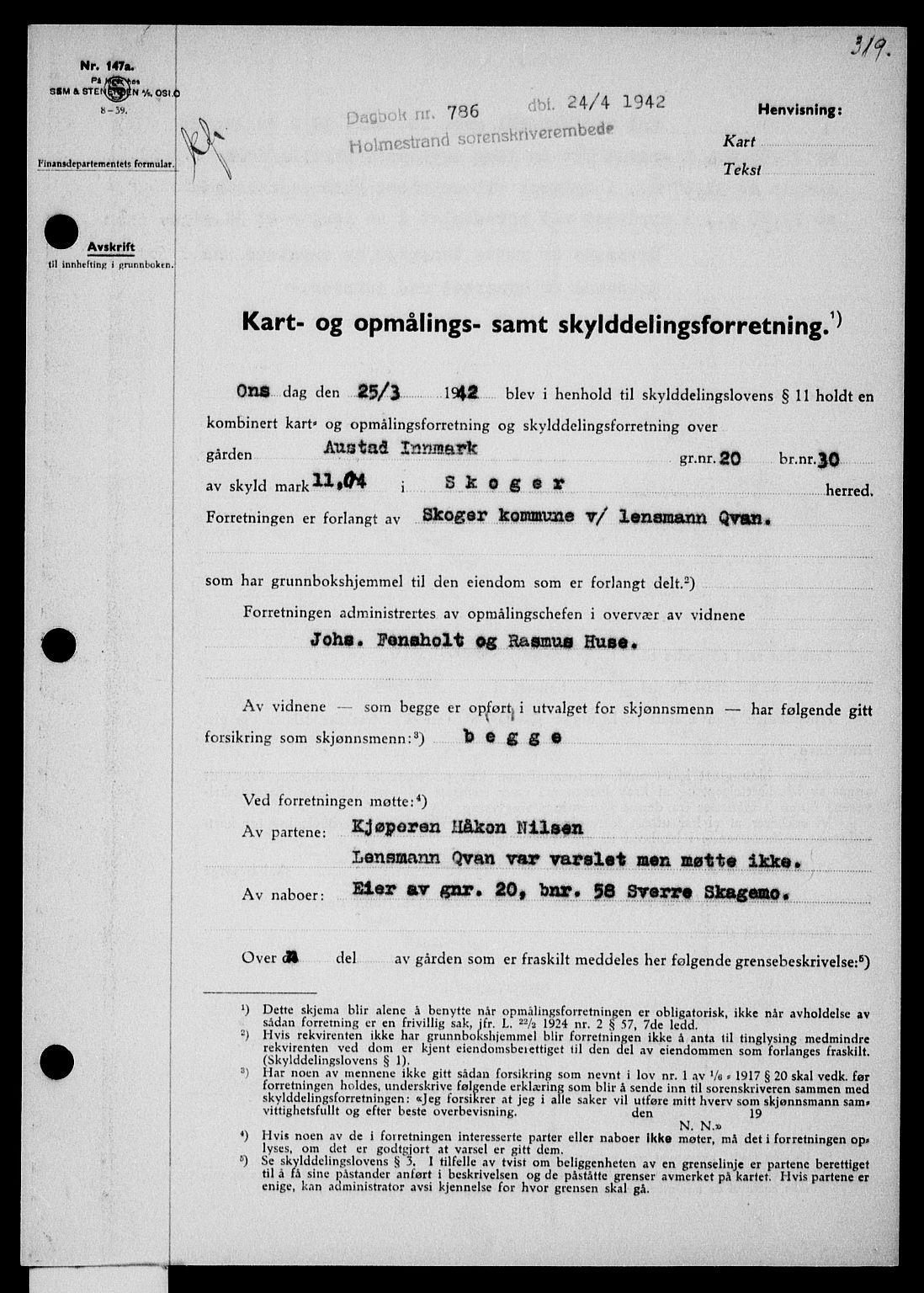 Holmestrand sorenskriveri, SAKO/A-67/G/Ga/Gaa/L0055: Pantebok nr. A-55, 1942-1942, Dagboknr: 786/1942
