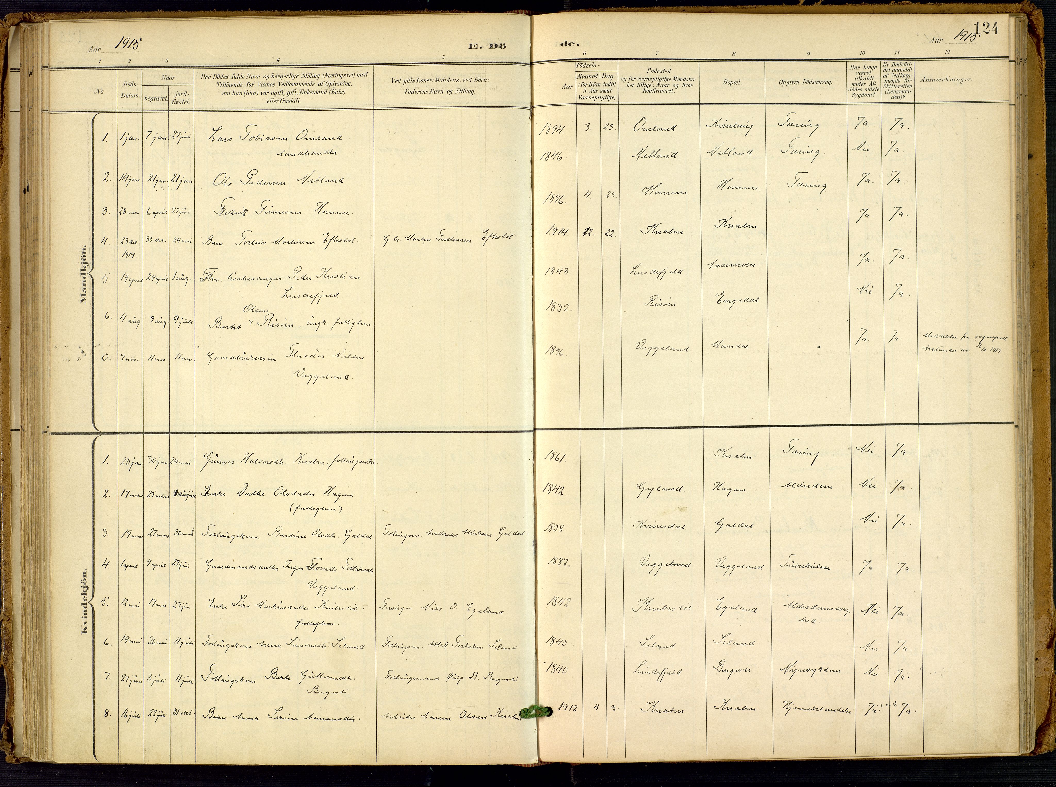 Fjotland sokneprestkontor, SAK/1111-0010/F/Fa/L0003: Ministerialbok nr. A 3, 1899-1917, s. 124