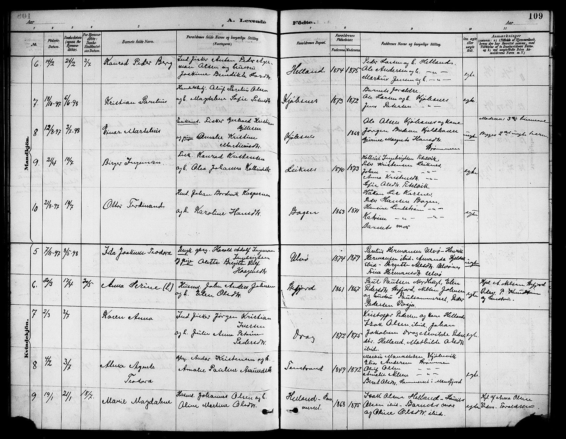 Ministerialprotokoller, klokkerbøker og fødselsregistre - Nordland, SAT/A-1459/861/L0876: Klokkerbok nr. 861C02, 1887-1903, s. 109