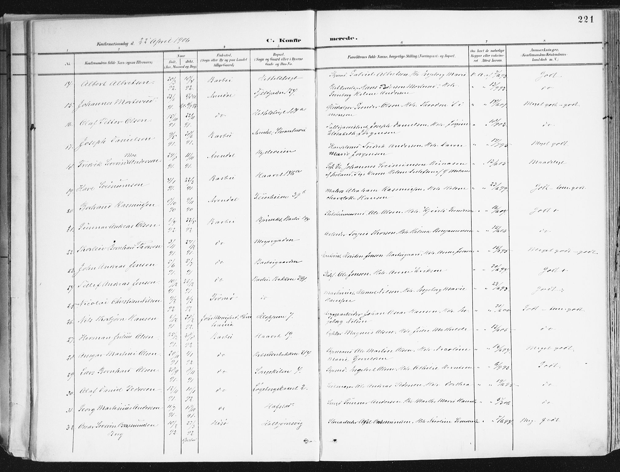 Arendal sokneprestkontor, Trefoldighet, SAK/1111-0040/F/Fa/L0010: Ministerialbok nr. A 10, 1900-1919, s. 221
