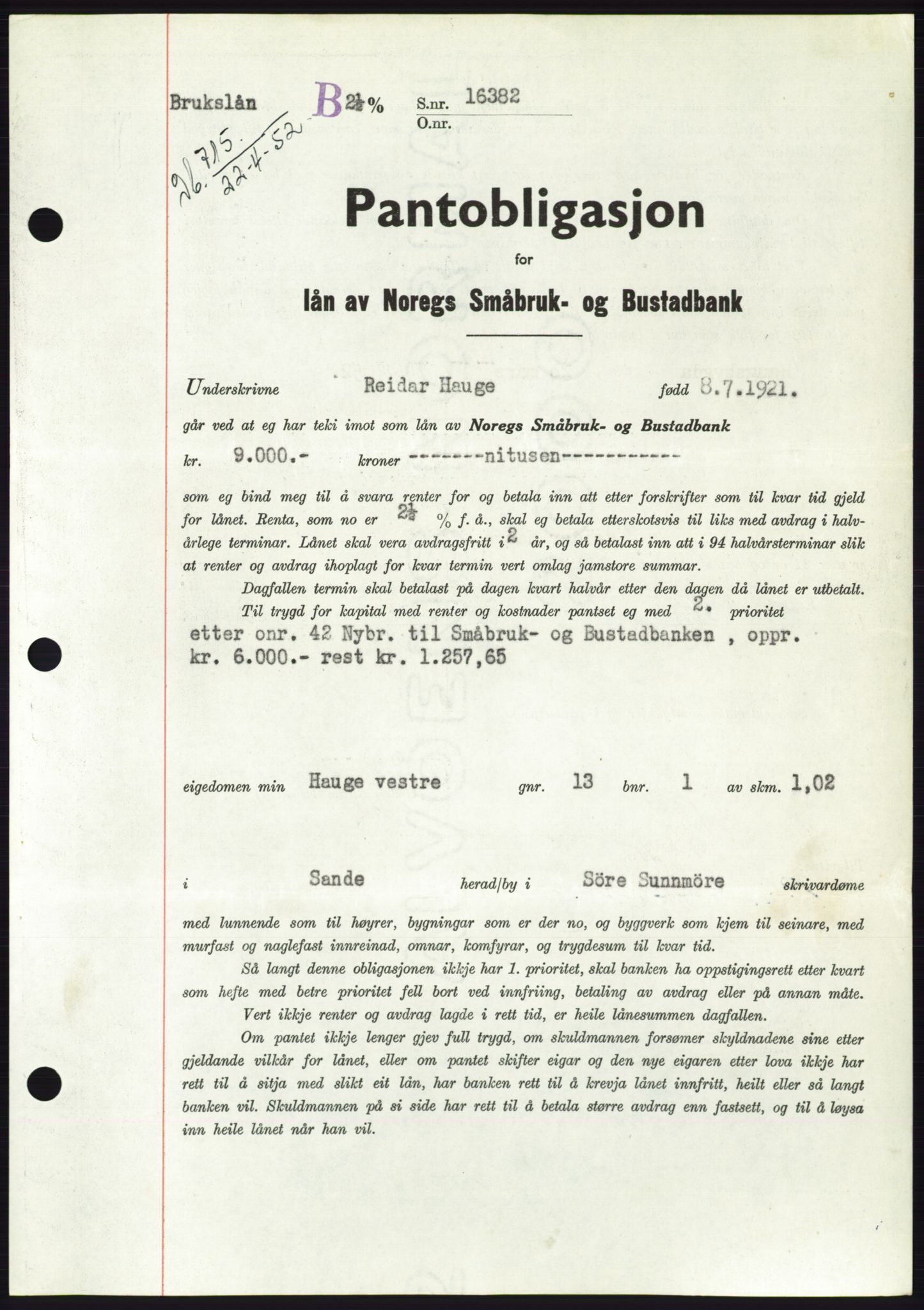 Søre Sunnmøre sorenskriveri, AV/SAT-A-4122/1/2/2C/L0121: Pantebok nr. 9B, 1951-1952, Dagboknr: 715/1952