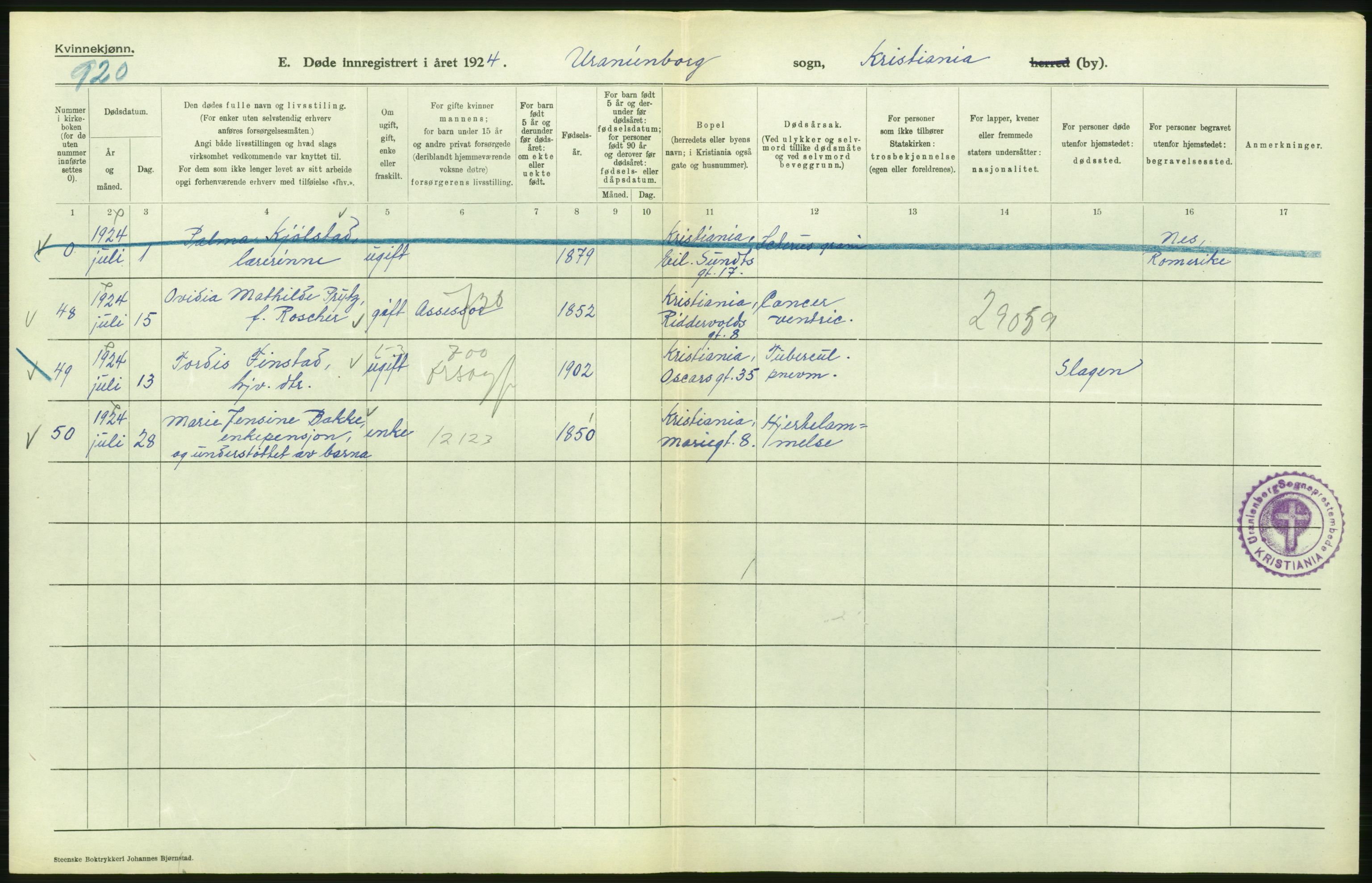 Statistisk sentralbyrå, Sosiodemografiske emner, Befolkning, AV/RA-S-2228/D/Df/Dfc/Dfcd/L0009: Kristiania: Døde kvinner, dødfødte, 1924, s. 116