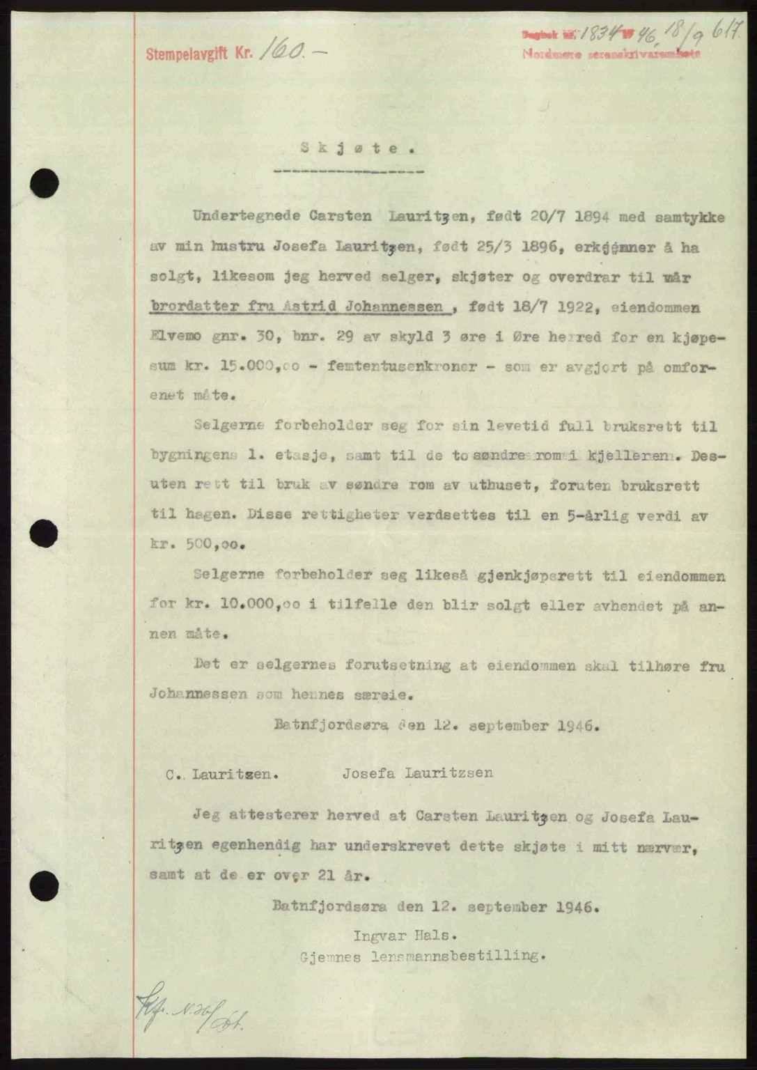 Nordmøre sorenskriveri, SAT/A-4132/1/2/2Ca: Pantebok nr. A102, 1946-1946, Dagboknr: 1834/1946