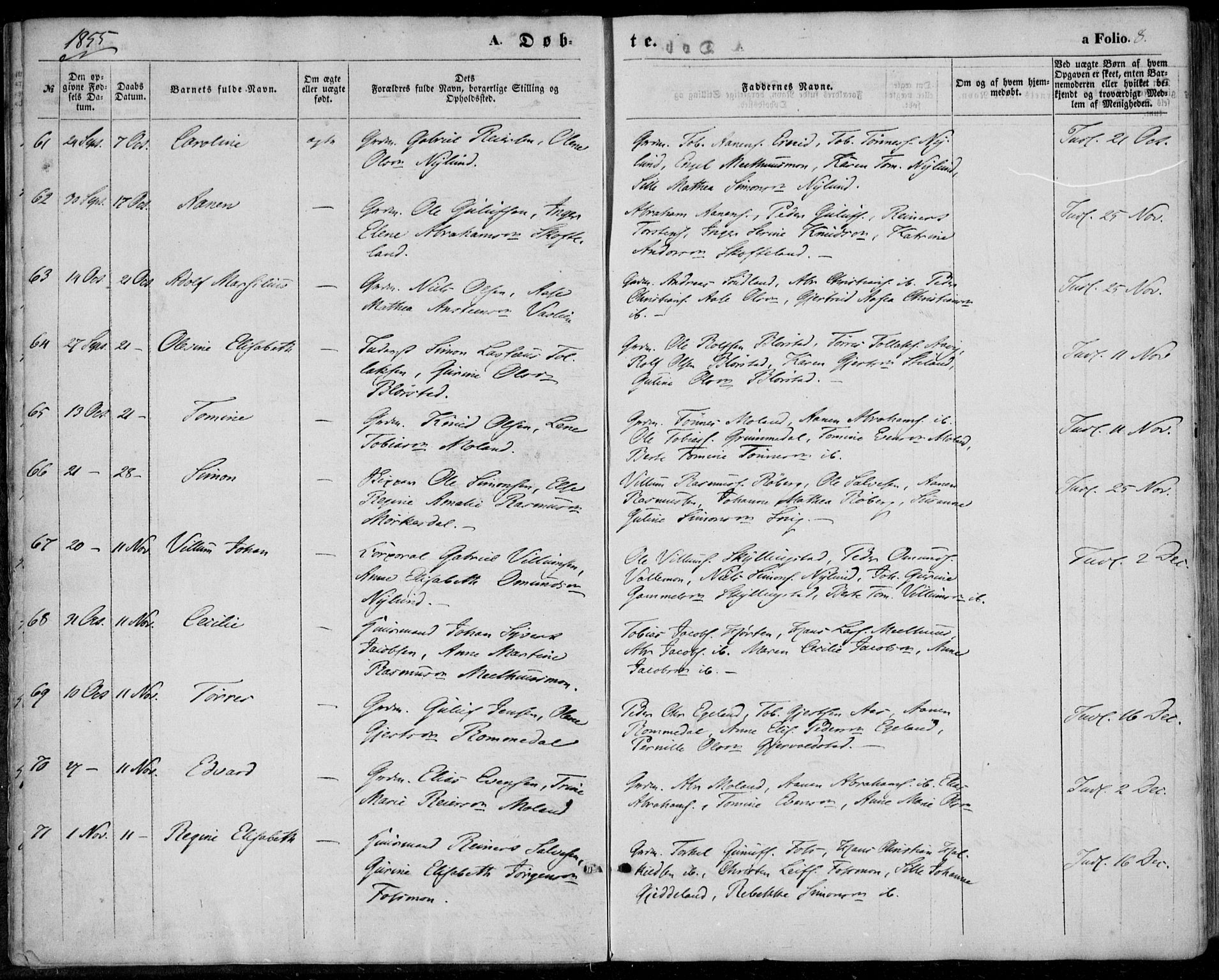 Sør-Audnedal sokneprestkontor, AV/SAK-1111-0039/F/Fa/Fab/L0007: Ministerialbok nr. A 7, 1855-1876, s. 8