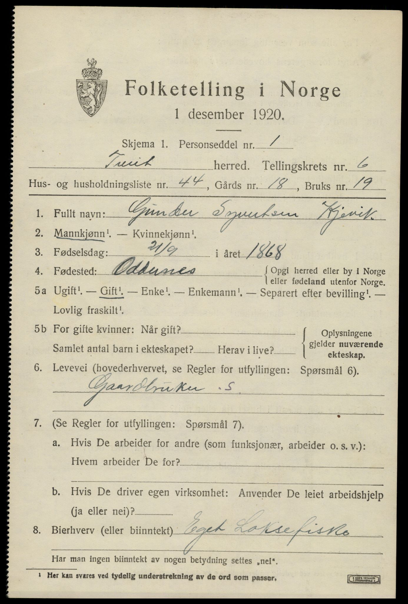 SAK, Folketelling 1920 for 1013 Tveit herred, 1920, s. 3180