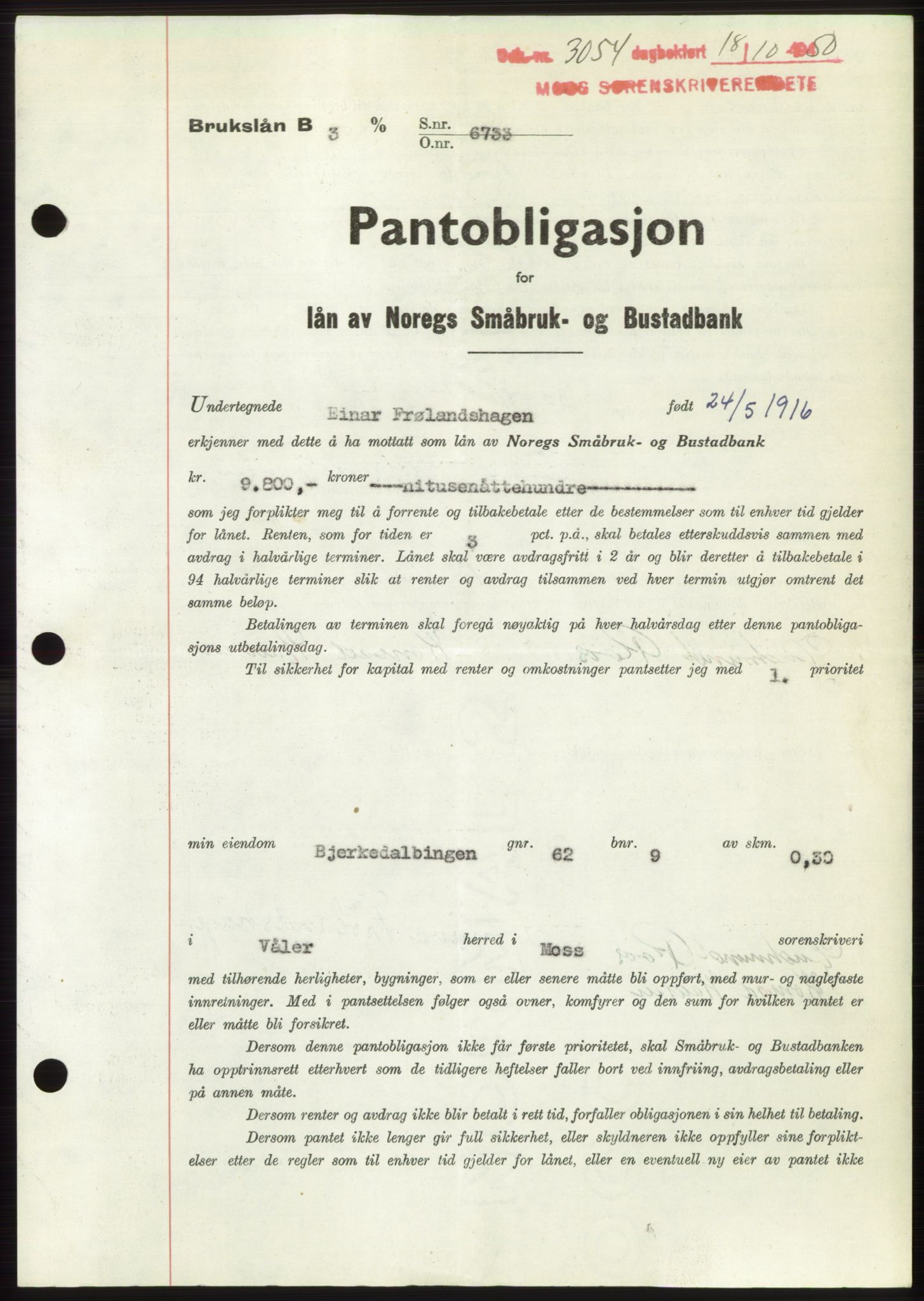 Moss sorenskriveri, SAO/A-10168: Pantebok nr. B25, 1950-1950, Dagboknr: 3054/1950