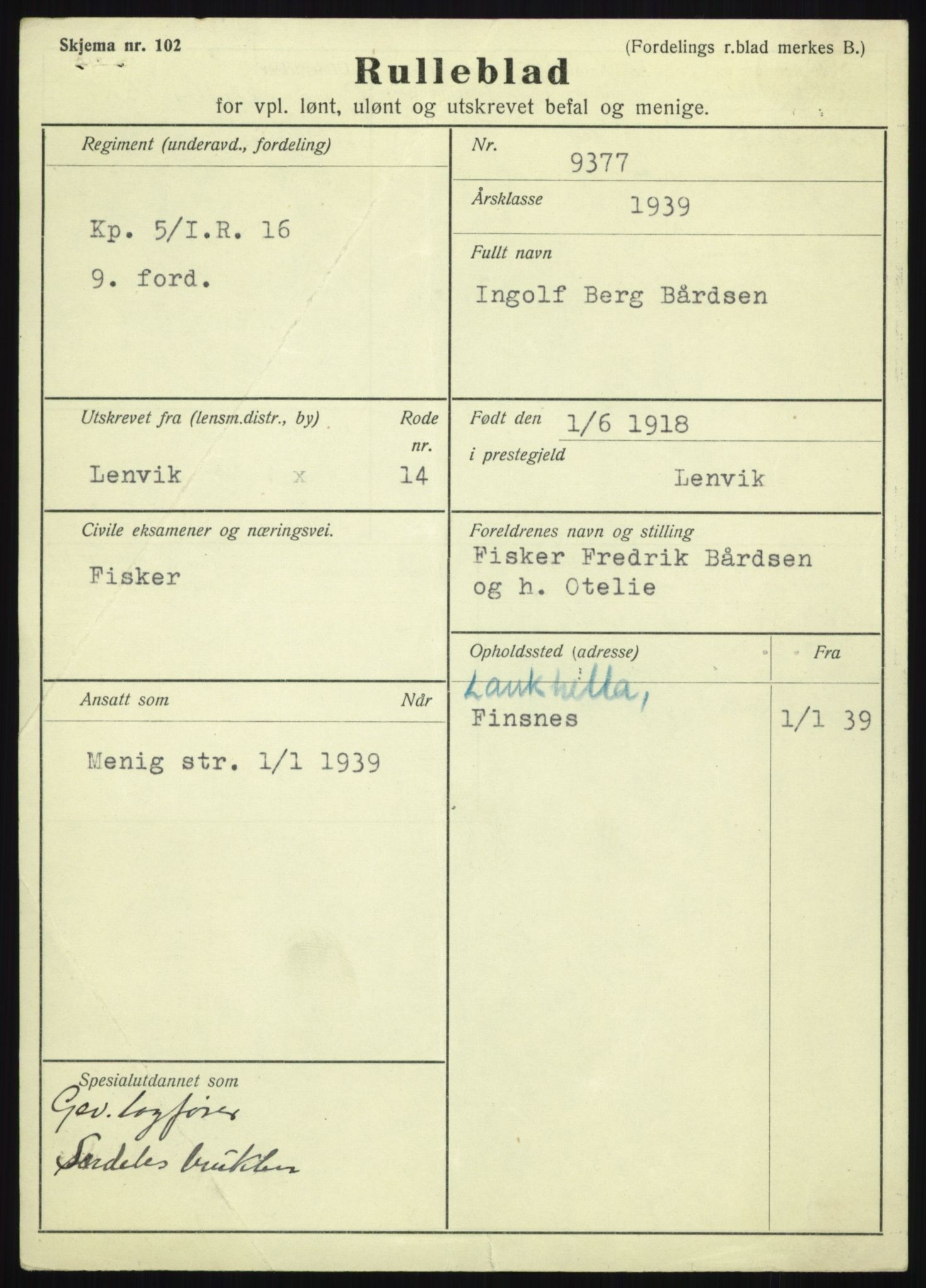 Forsvaret, Troms infanteriregiment nr. 16, AV/RA-RAFA-3146/P/Pa/L0023: Rulleblad for regimentets menige mannskaper, årsklasse 1939, 1939, s. 155