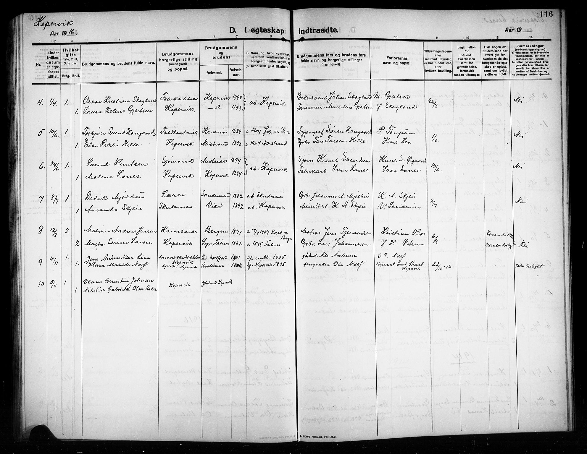 Kopervik sokneprestkontor, AV/SAST-A-101850/H/Ha/Hab/L0005: Klokkerbok nr. B 5, 1909-1918, s. 116