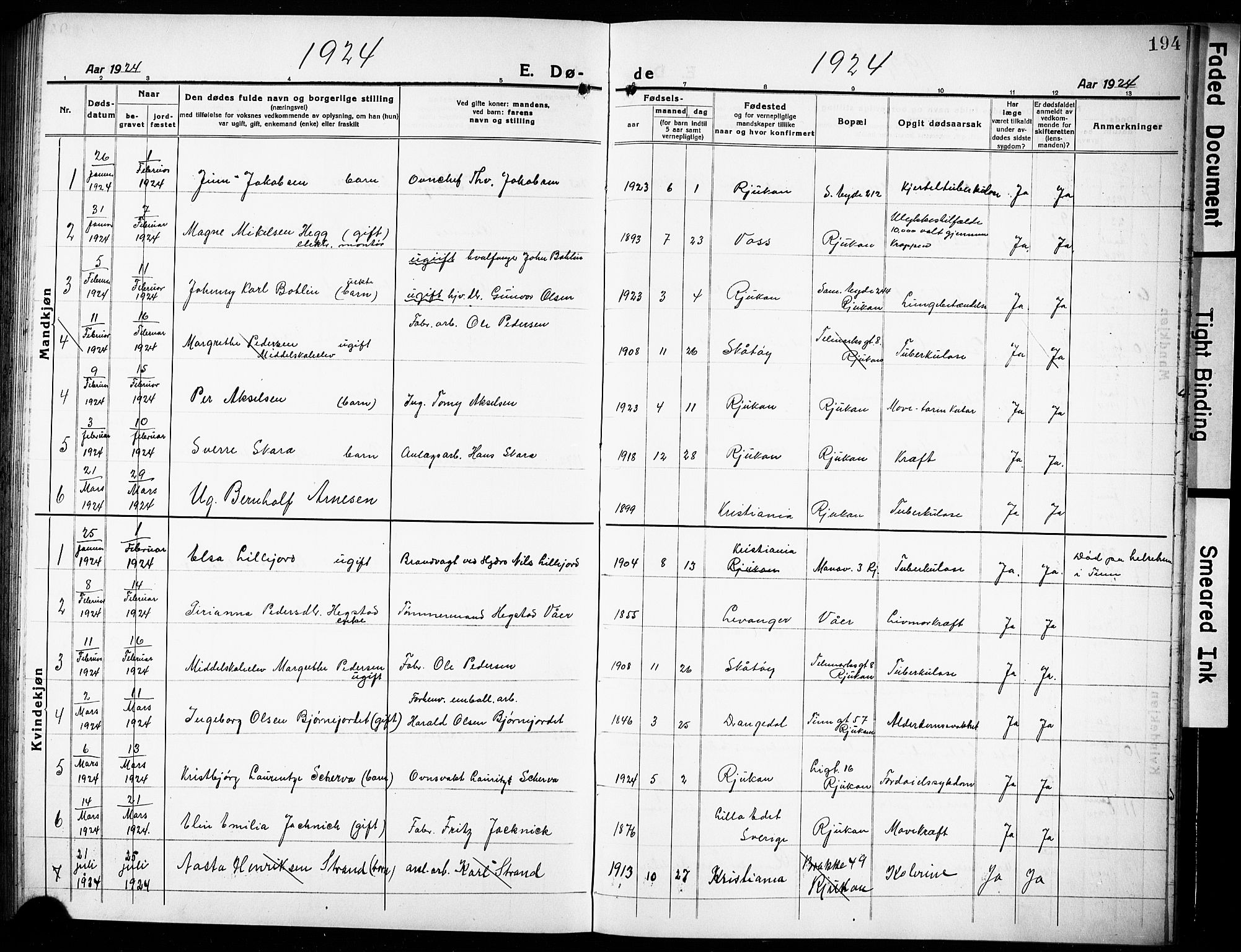 Rjukan kirkebøker, SAKO/A-294/G/Ga/L0003: Klokkerbok nr. 3, 1920-1928, s. 194