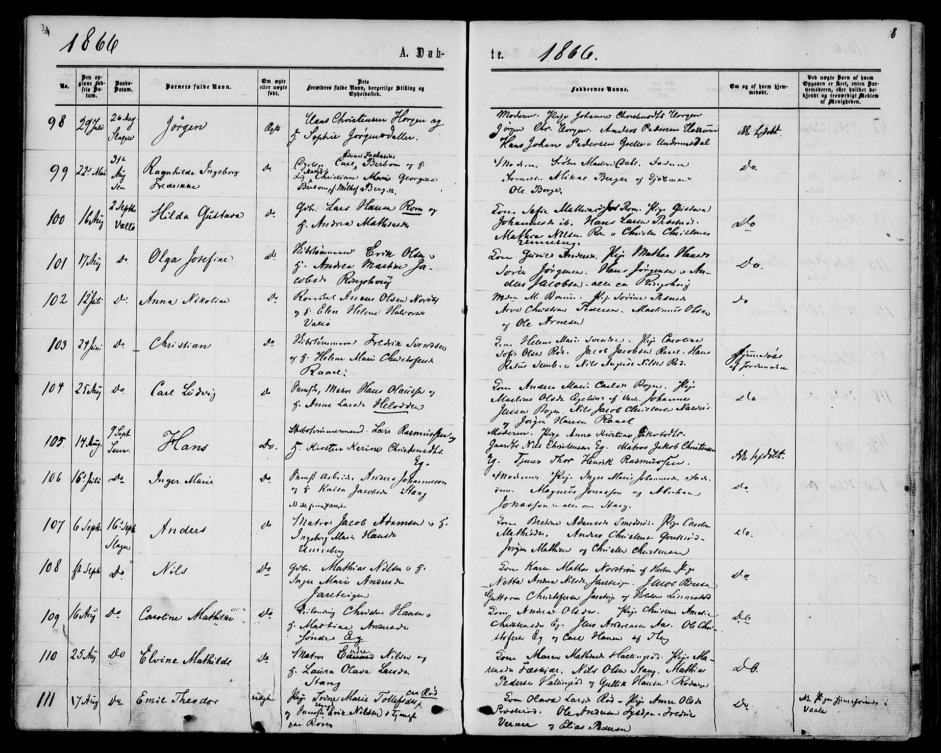 Sem kirkebøker, AV/SAKO-A-5/F/Fa/L0008: Ministerialbok nr. I 8, 1866-1873, s. 8