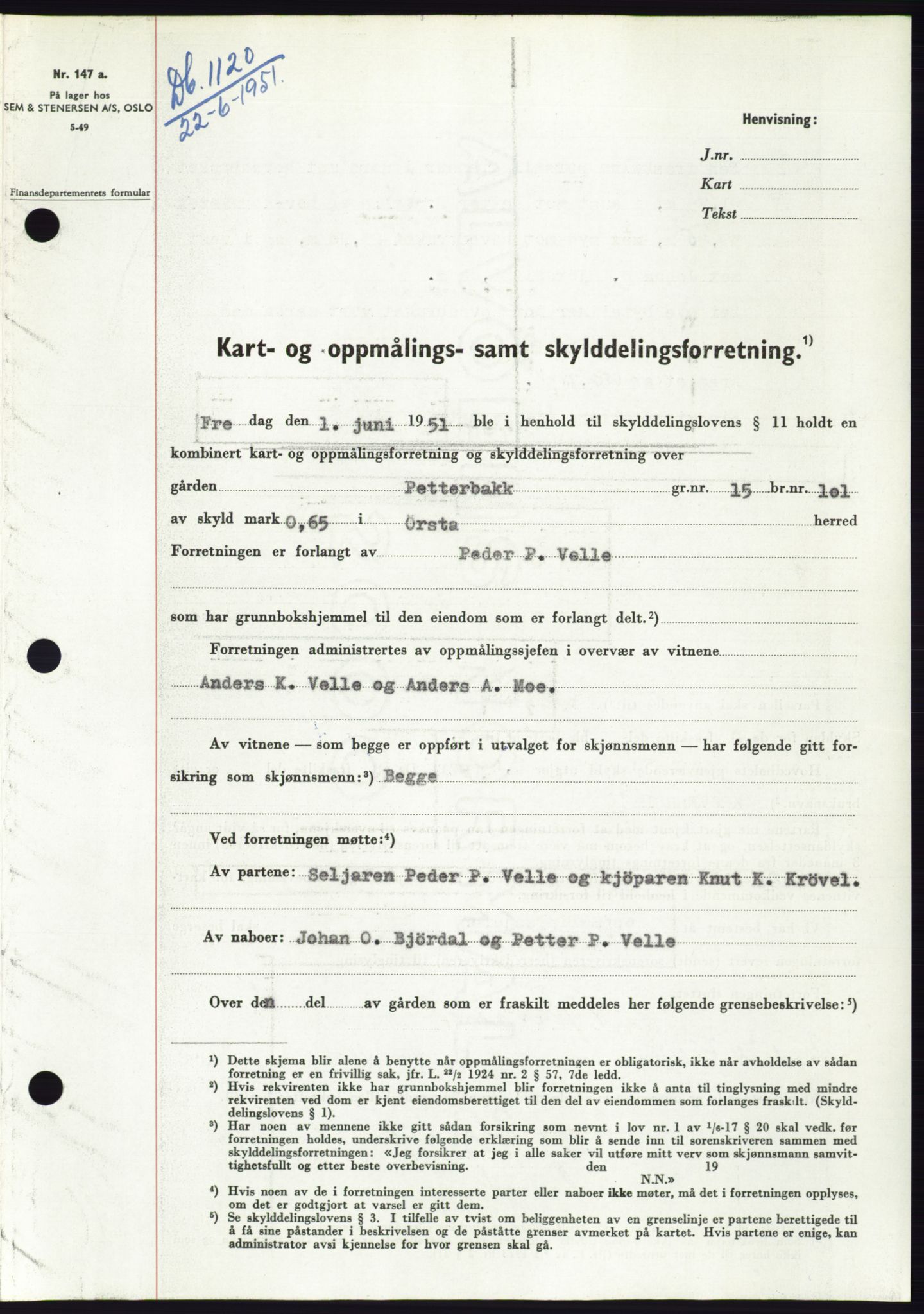 Søre Sunnmøre sorenskriveri, SAT/A-4122/1/2/2C/L0089: Pantebok nr. 15A, 1951-1951, Dagboknr: 1120/1951