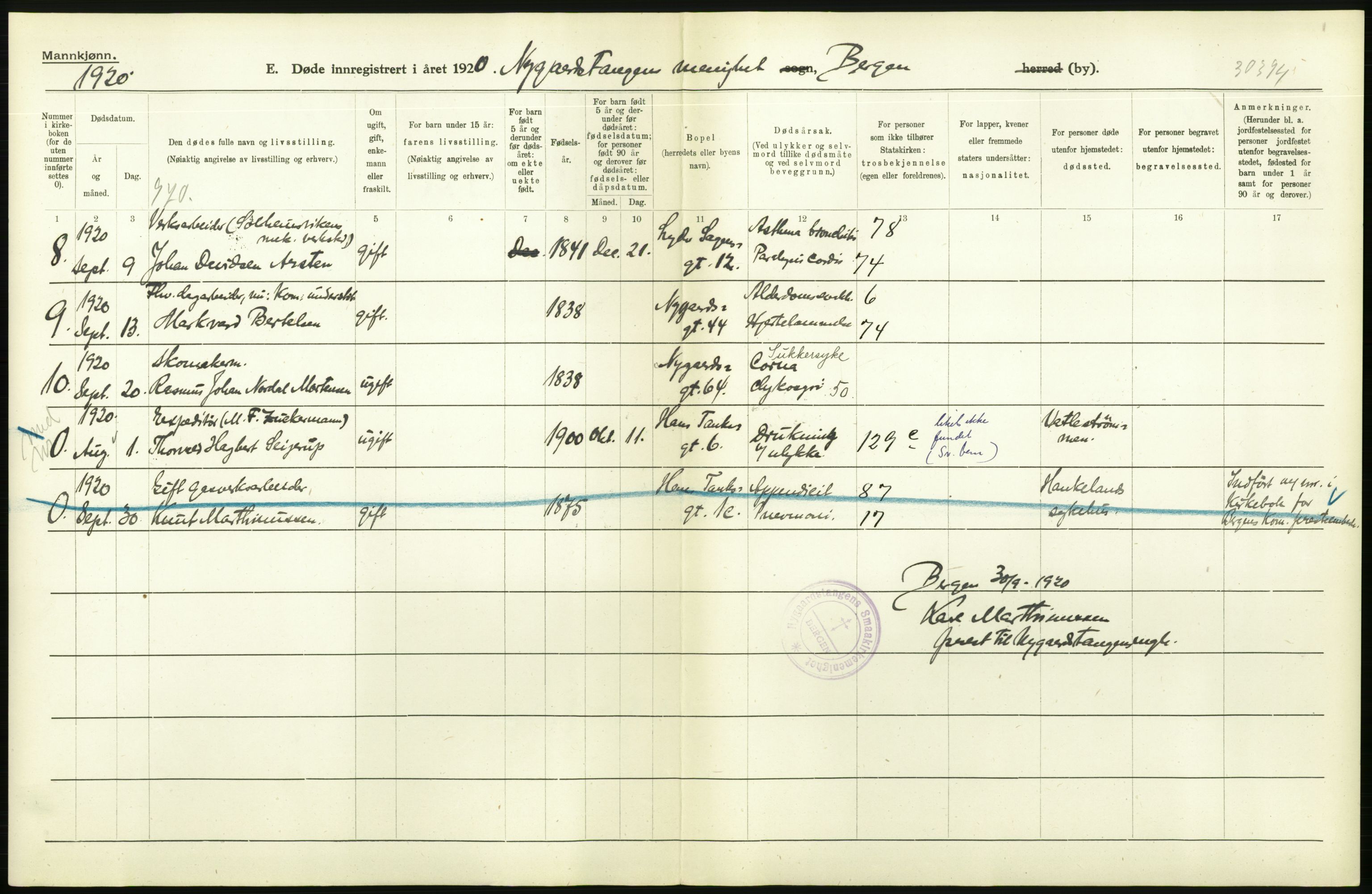 Statistisk sentralbyrå, Sosiodemografiske emner, Befolkning, AV/RA-S-2228/D/Df/Dfb/Dfbj/L0042: Bergen: Gifte, døde, dødfødte., 1920, s. 300