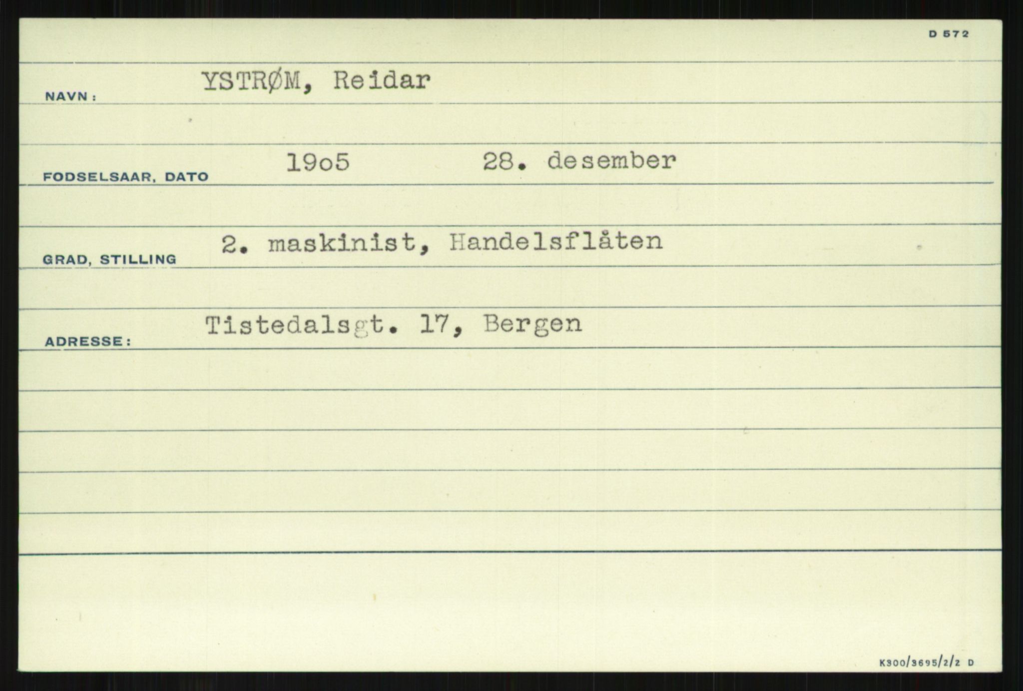 Direktoratet for sjømenn, AV/RA-S-3545/G/Gi/L0009: Alfabetisk ordnet kartotek over krigsdekorasjoner tildelt nordmenn under krigen, Sulebak - Aasvik, samt over krigsdekorasjoner tildelt 97 utenlandske krigsseilere under krigen, 1940-1945, s. 1397