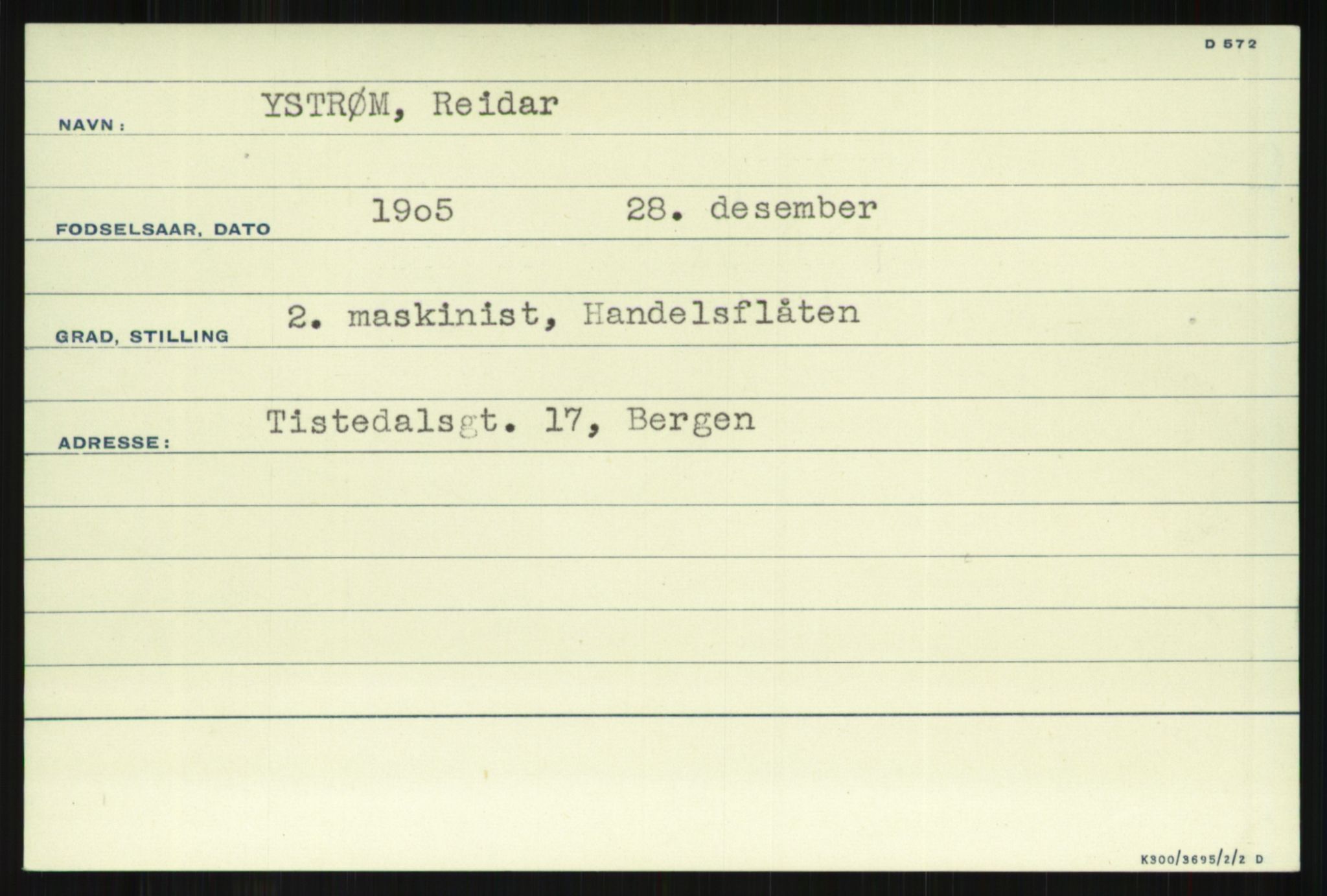 Direktoratet for sjømenn, RA/S-3545/G/Gi/L0009: Kartotek over krigsdekorasjoner tildelt nordmenn under krigen, 1940-1945, s. 1397