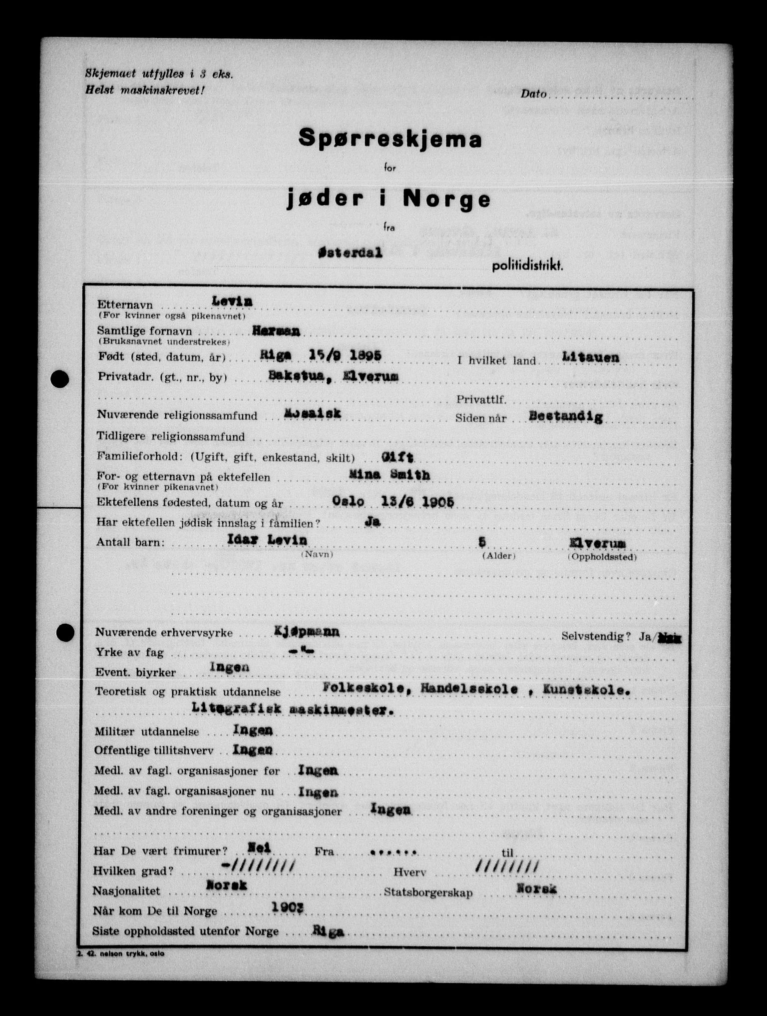 Statspolitiet - Hovedkontoret / Osloavdelingen, AV/RA-S-1329/G/Ga/L0013: Spørreskjema for jøder i Norge. 1: Sandefjord-Trondheim. 2: Tønsberg- Ålesund.  3: Skriv vedr. jøder A-H.  , 1942-1943, s. 727