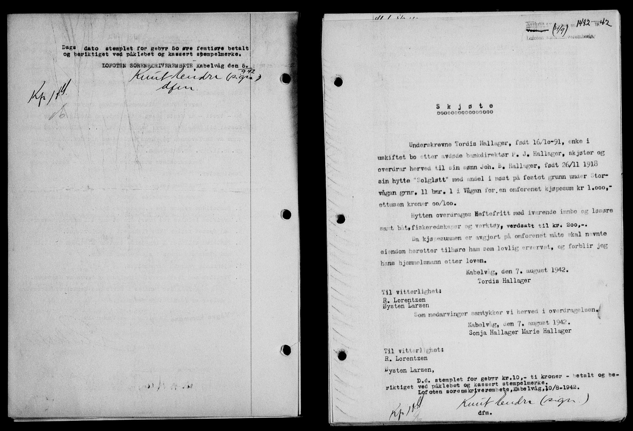 Lofoten sorenskriveri, SAT/A-0017/1/2/2C/L0010a: Pantebok nr. 10a, 1942-1943, Dagboknr: 1482/1942